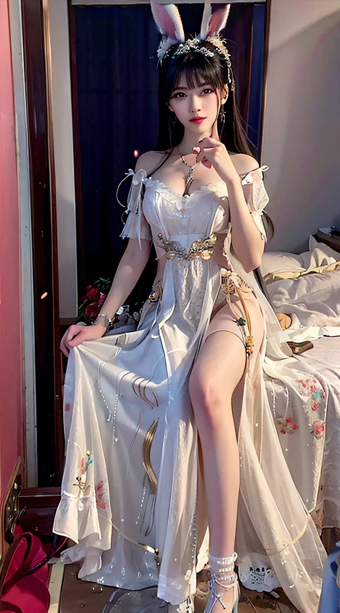 Add a pair of rabbit ears,Ultra-realistic 8K CG,s the perfect face,flawless perfection,Ren,tmasterpiece,professionalartwork,famousartwork,s the perfect face,beauitful face,Beautiful eyes,((Perfect female body))A close-up of a woman with rabbit ears,