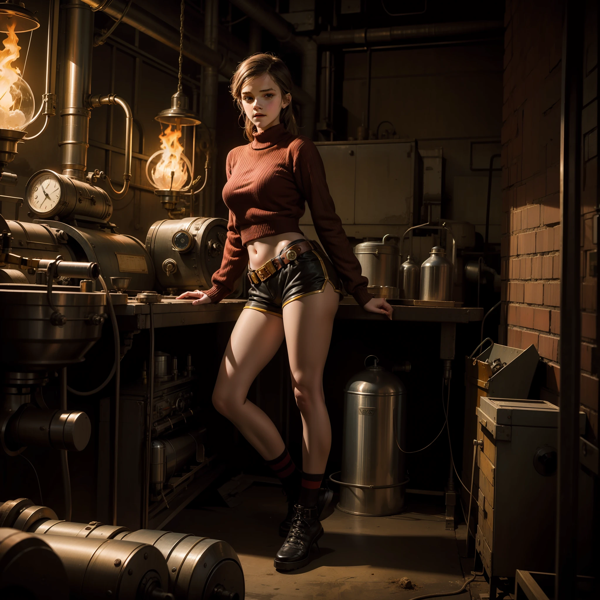 teen emma watson as a sexy steampunk girl sitting on a fence. tight intricate crop sweater with red and green stripes. brown shorts. slender body. inside dark metal factory. dark background, furnace. goggles.