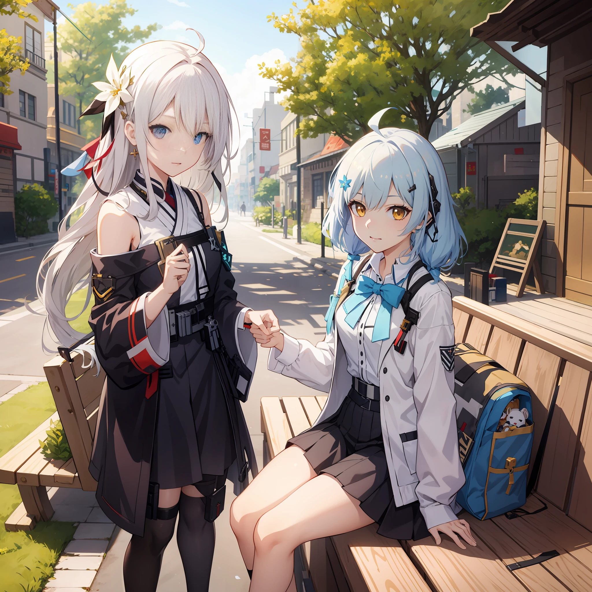 anime characters sitting on a bench in a city setting, girls frontline style, from girls frontline, Fine details. Girl Front, Girls Frontline CG, WLOP and Sakimichan, Guweiz in Pixiv ArtStation, From Arknights, trending on artstation pixiv, Guweiz on ArtStation Pixiv, Girl Front, Kantai collection style