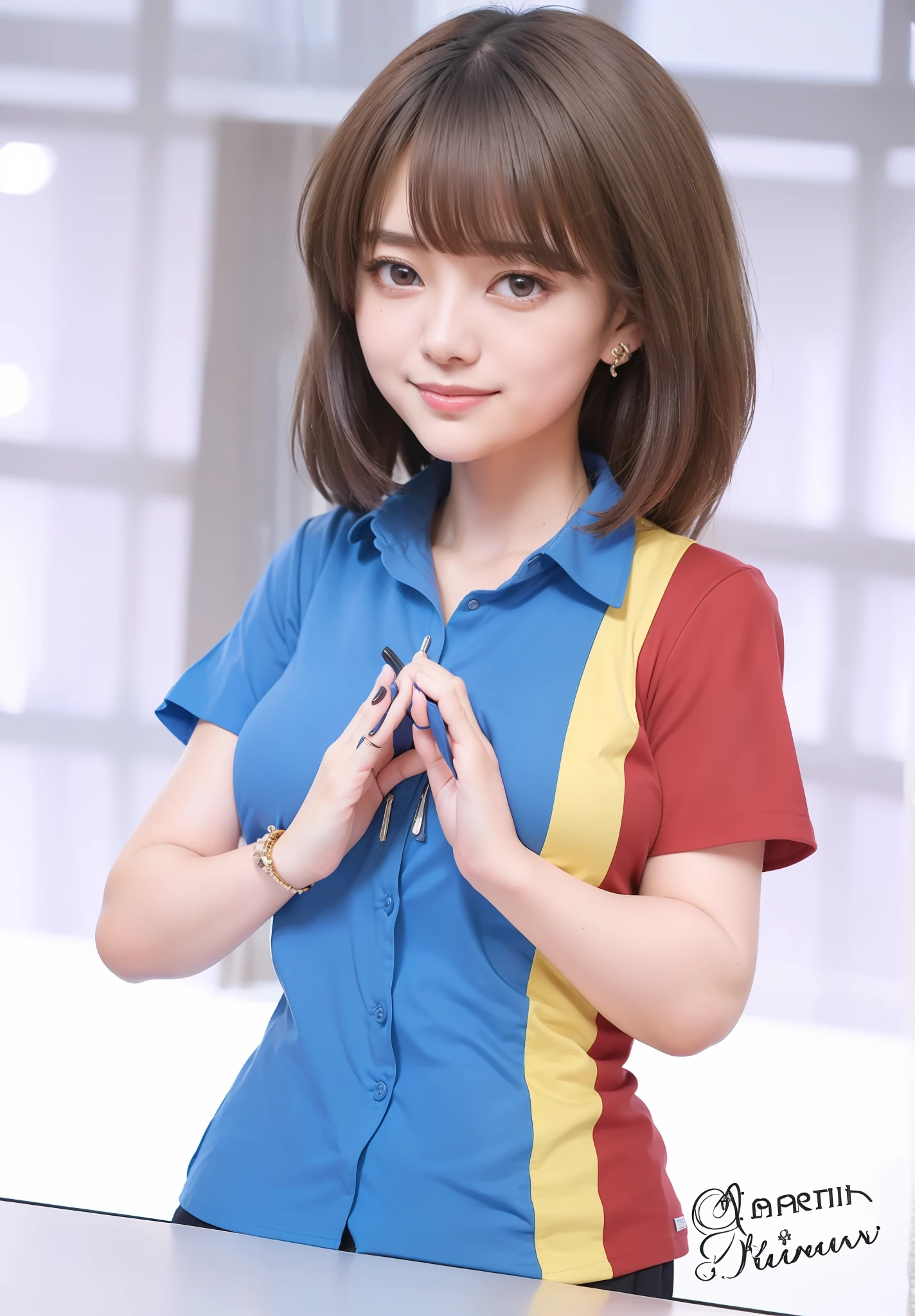 (((Marin Kitagawa))), (masterpiece, best quality), ((extremely detailed, intricate details, lush detail, insanely detailed face, beautiful red eyes, lips, detailed skin, very wide-eyed, skinny)), (( floating hair, shiny skin)), (1girl), wide hips, narrow waist, thick thighs, ((big pupil)) , nervous, ((happy, smile, long hair, younger, blush, tall, black outline, blonde hair, straight hair, seductive eyes, mature female, older, very long hair)), 1girl, toned, ((((indoors, in front of a big window, light shining through window, upper body focus)))), solo, blonde hair, school uniform, skirt, necktie, shirt, shoes, choker, jewellery, white shirt, socks, smile, brown footwear, black socks, looking at viewer, loafers, blue skirt, multicolored hair, plaid, pleated skirt, tied shirt, black choker, bangs, plaid skirt, bracelet, earrings, standing, blue necktie, grin, collared shirt, (((hands behind back, 1girl)))