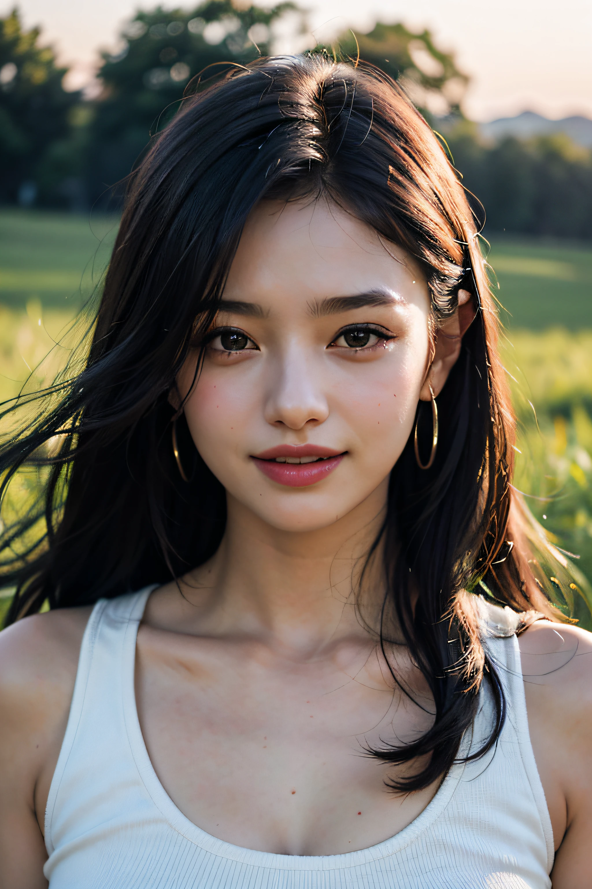 (in 8K、 Raw photography、beste-Qualit,、hight resolution),、(hyper realisitic)、(realisitic),、Soft light、、Kizi、Lifelike face、Realistic body、real-looking-skin、absurderes、​masterpiece、Cuties,、独奏、Innocent eyes、blusher、Cinema Lights、cherry colored lips、Hair Ribbon,The hair 、a closeup、looki at viewer、 Open lips,、Upper teeth,、(Smiling eyes:0.6)、eyes focus、professionally lit、CG Social Trends、Plastic En、((Black Long Hair))、((a beautiful lady))、(A smile)、Fashionab、A sexy、Hair that flutters in the wind、((Flowing hair))、Happy -、fashion magazine、((lighting like a movie))、((grass field))