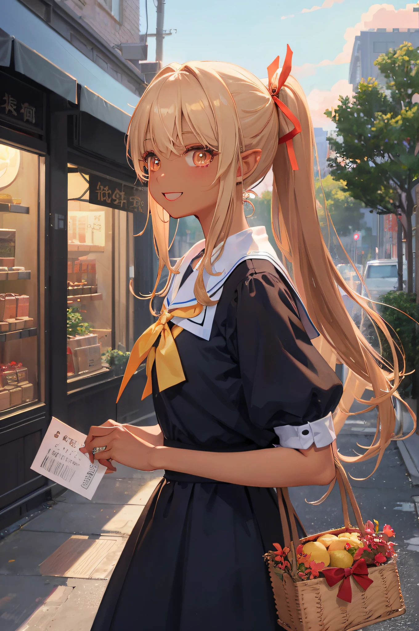 (masterpiece、high detailled、realisticlying)、Sunset、Rain Garden、Long-tailed、1girl in, 独奏, a blond:1.4、Ponytail hair、Hair tied with blue ribbon with white lines、Orange Eyes、A smile、Elven ears、(Brown skin:1.6)、Red ribbon tie、sailoruniform、Parted sleeves:1.2、depth of fields、blurry backround、mannerism