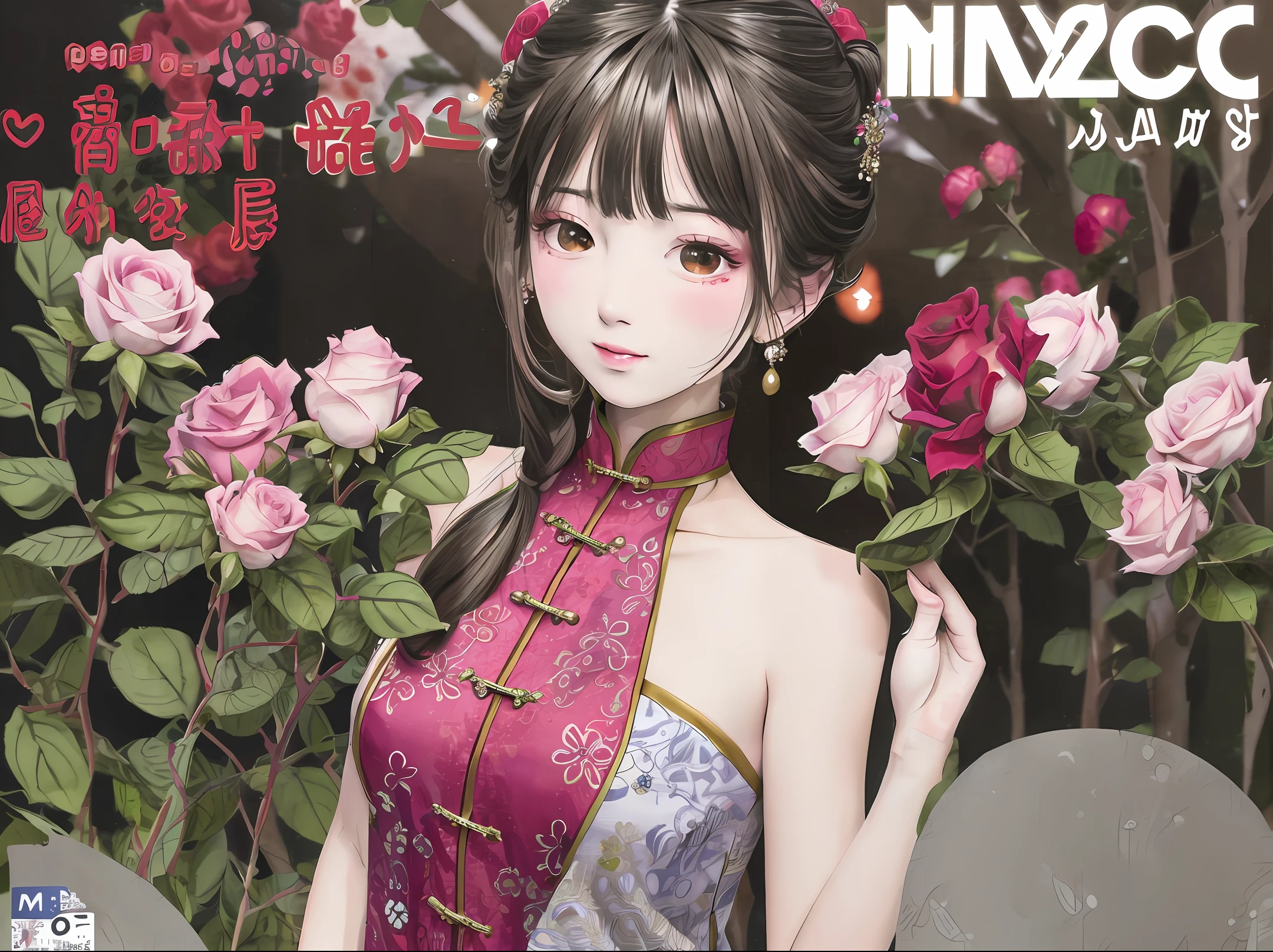 Cute girl,Roses in hand,on cheongsam,MagazineCover,8K