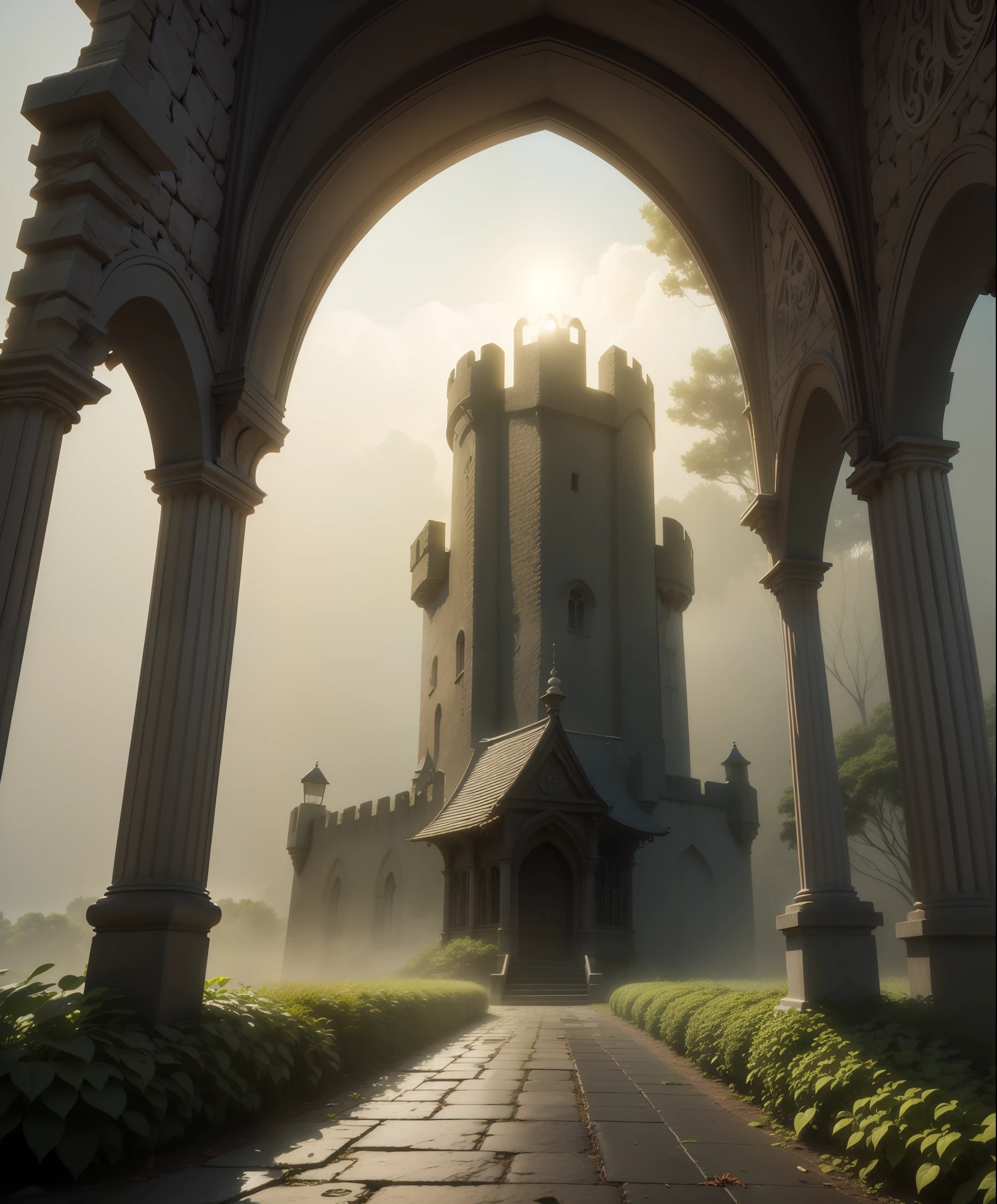 Floresta escura, neblina ao redor, sem luz do sol, fundo castelo medieval. Realismo, 3d, melhor qualidade, melhor imagem.