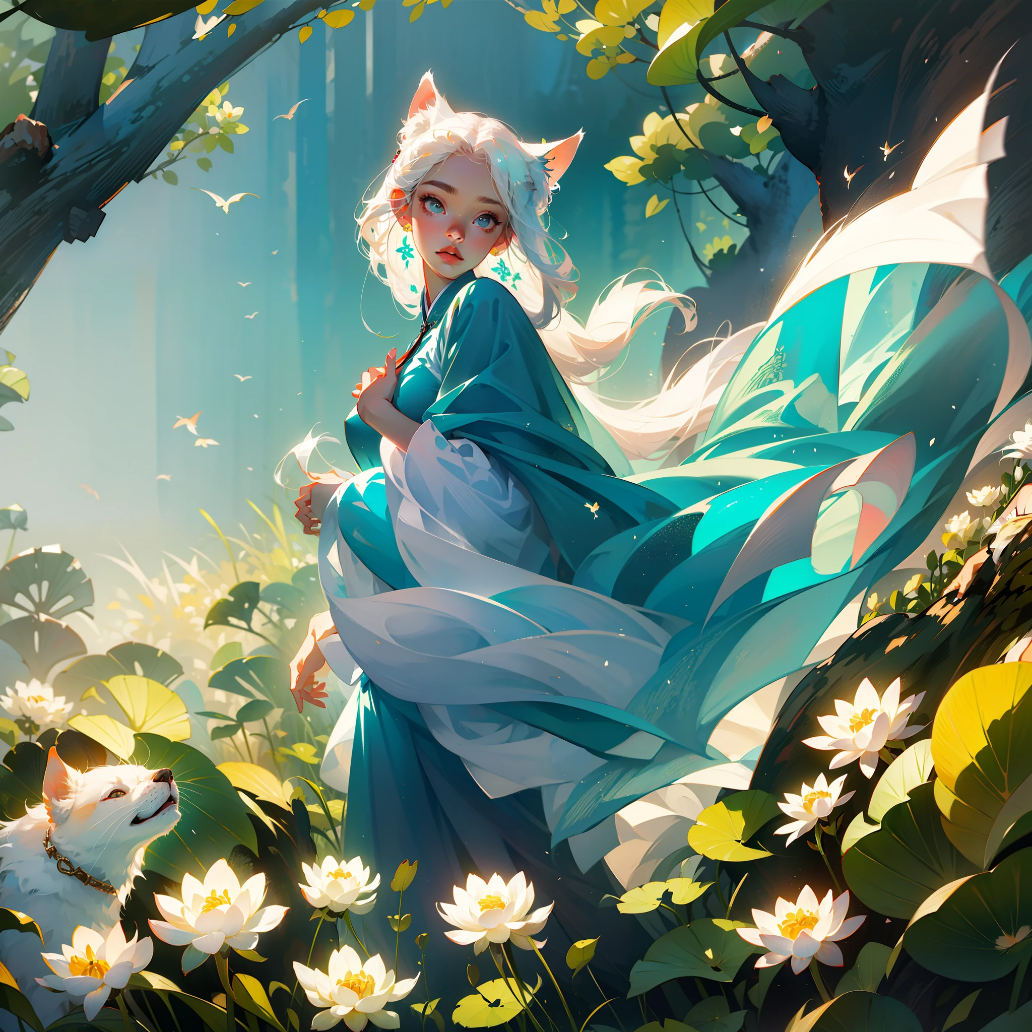 ((4k,masterpiece,best quality)), shuimobysim, Chinese painting, lotus, hanfu, maxiskit, dressed conservative 1 girl, solo, white hair, long hair, fox ears, white, bikini, fish, many fish close to the girl, looking at the audience, teasing --auto