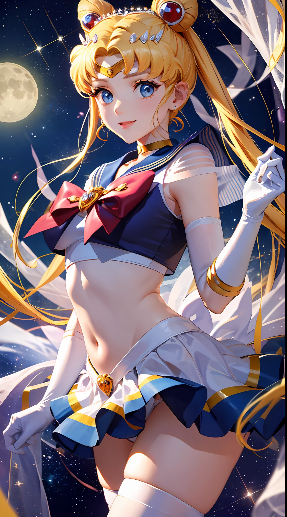 Masterpiece, Best Quality, Hi-Res, Moon 1, 1 Girl, Solo, Sailor Senshi Uniform, Sailor Moon, Usagi Tsukino, Blonde, Magical Girl, Blue Eyes, White Panties, Red Scarf, Elbow Gloves, Tiara, Blue Skirt, Pleated Skirt, Mini Skirt, Choker, White Gloves, Jewelry, Earrings, Smile, Background Is Space (Excellent Detail, Excellent Lighting, Wide Angle), skirt lift, show panties,