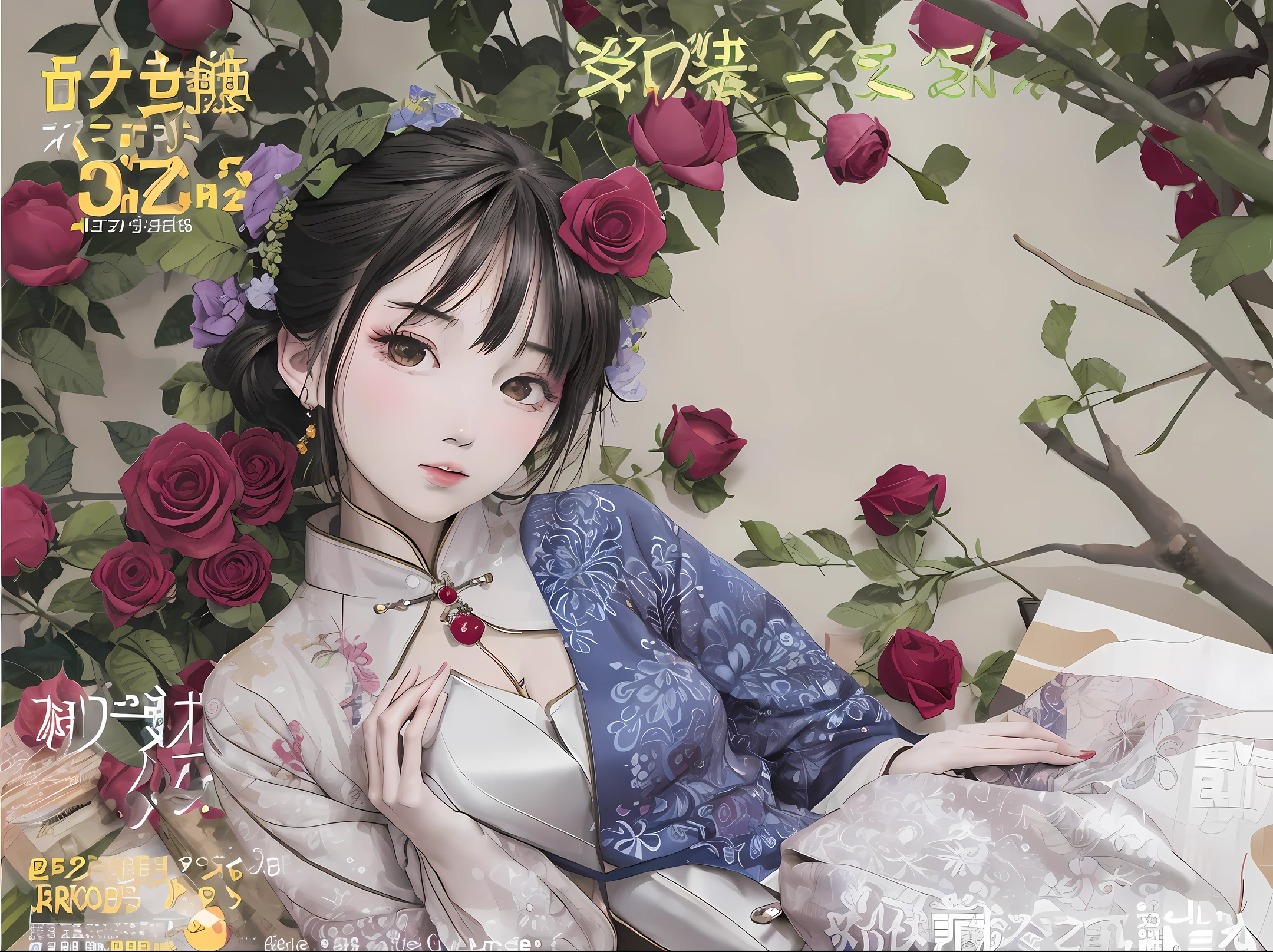 Cute girl,Roses in hand,on cheongsam,MagazineCover,8K