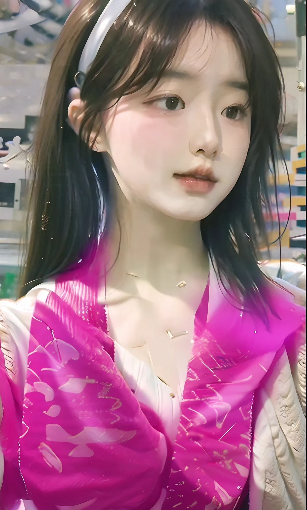 (8k, RAW photo, photorealistic:1.25) ,( lipgloss, eyelashes, gloss-face, glossy skin, best quality, ultra highres, depth of field, chromatic aberration, caustics, Broad lighting, natural shading, Kpop idol) looking at the audience With serenity and goddess-like bliss,