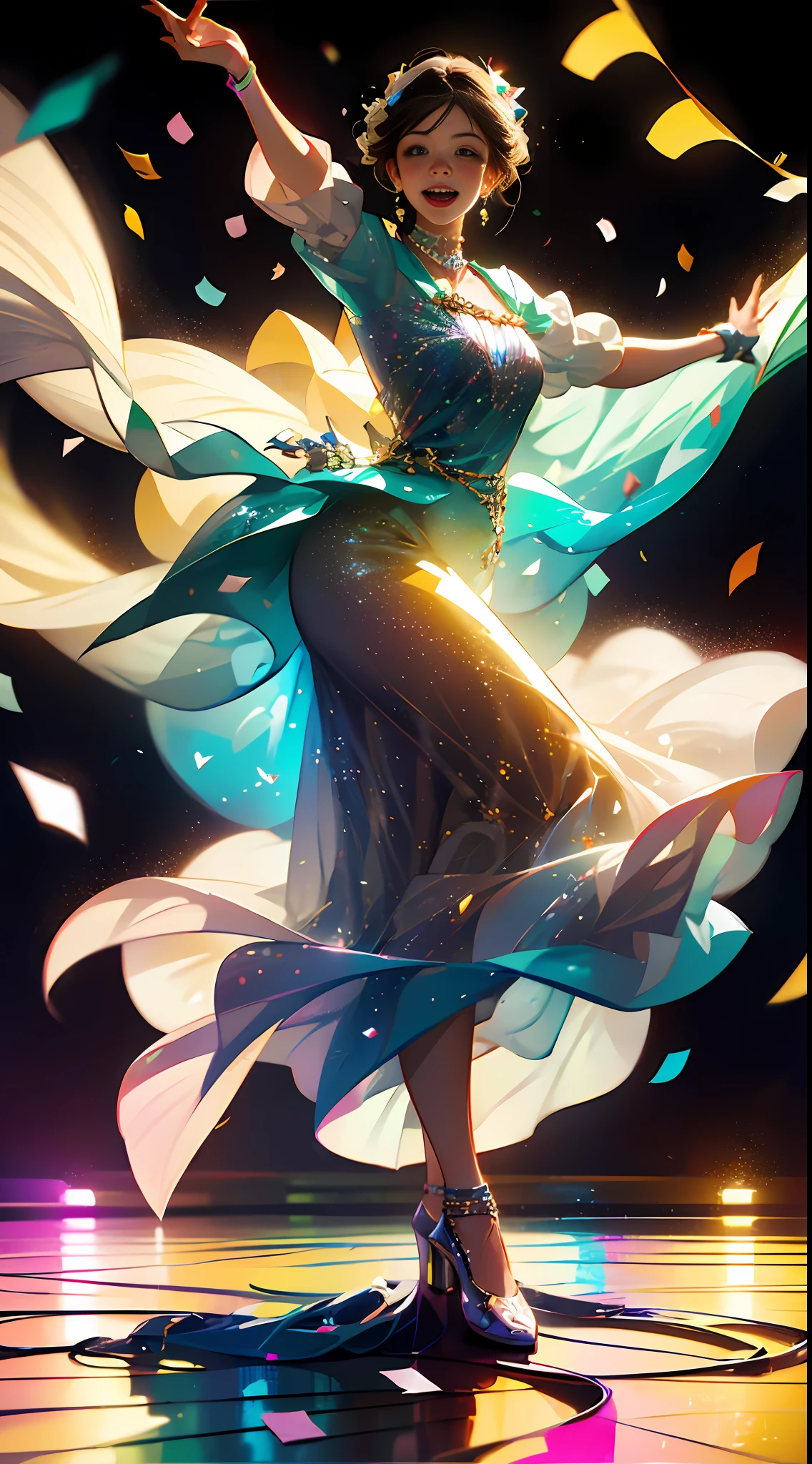 (high quality CG artwork,) best lighting, (a joyful atmosphere), dynamic dance pose, beautiful dancer, sparkling outfit, (colorful stage backdrop:1.2), (confetti+streamers), (vibrant lights+disco ball), (happy facial expression:1.2), (dynamic motion blur:1.1) --auto
