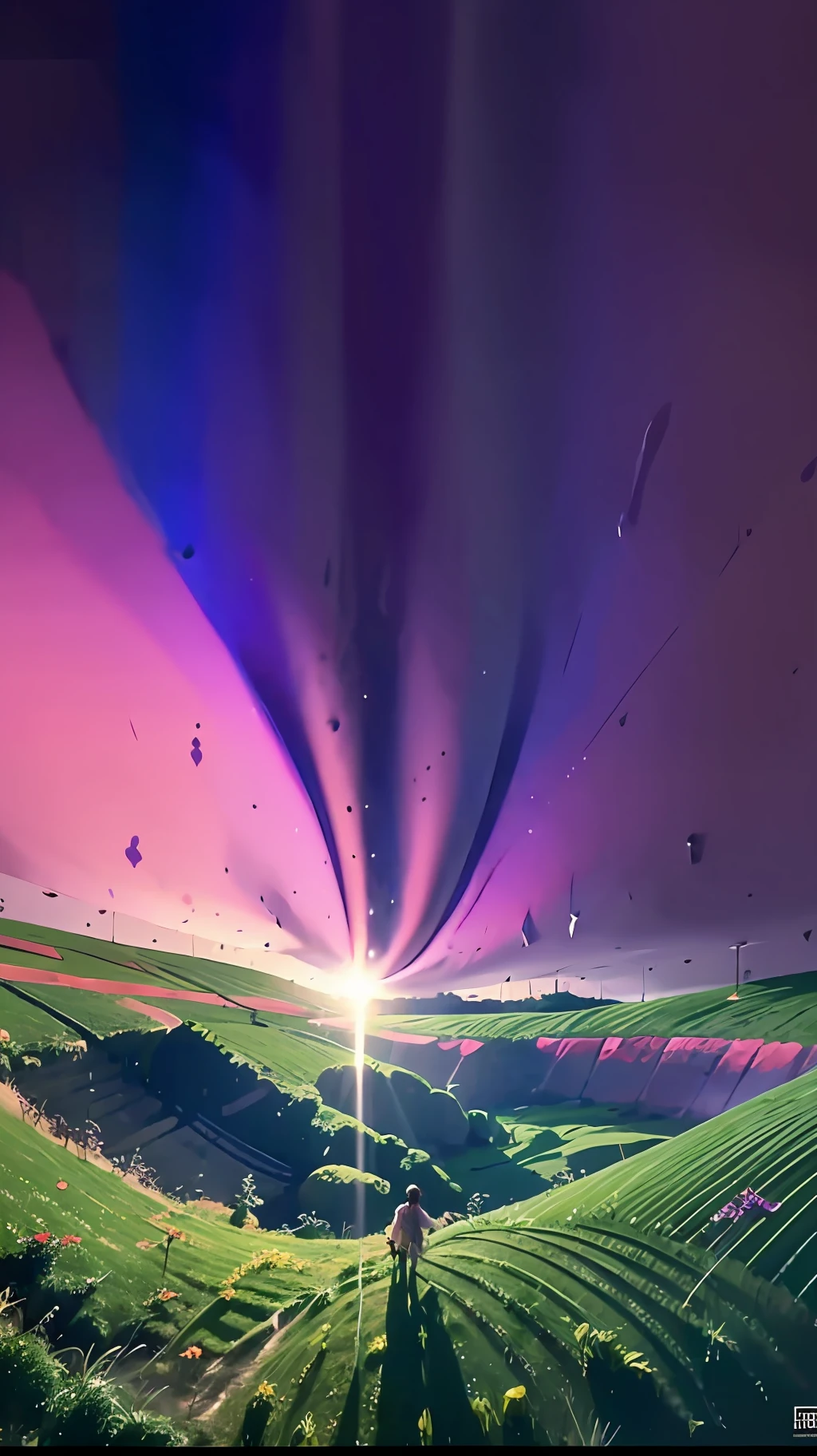 A wide landscape photo, (viewed from below, the sky is above, and the open field is below), a girl standing on a flower field looking up, (full moon: 1.2), (meteor: 0.9), (nebula: 1.3), distant mountains , Trees BREAK Crafting Art, (Warm Light: 1.2), (Firefly: 1.2), Lights, Lots of Purple and Orange, Intricate Details, Volumetric Lighting BREAK (Masterpiece: 1.2), (Best Quality), 4k, Ultra Detailed, (Dynamic Composition: 1.4), Rich in Detail and Color, (Rainbow Color: 1.2), (Glow, Atmospheric Lighting), Dreamy, Magical, (Solo: 1.2)