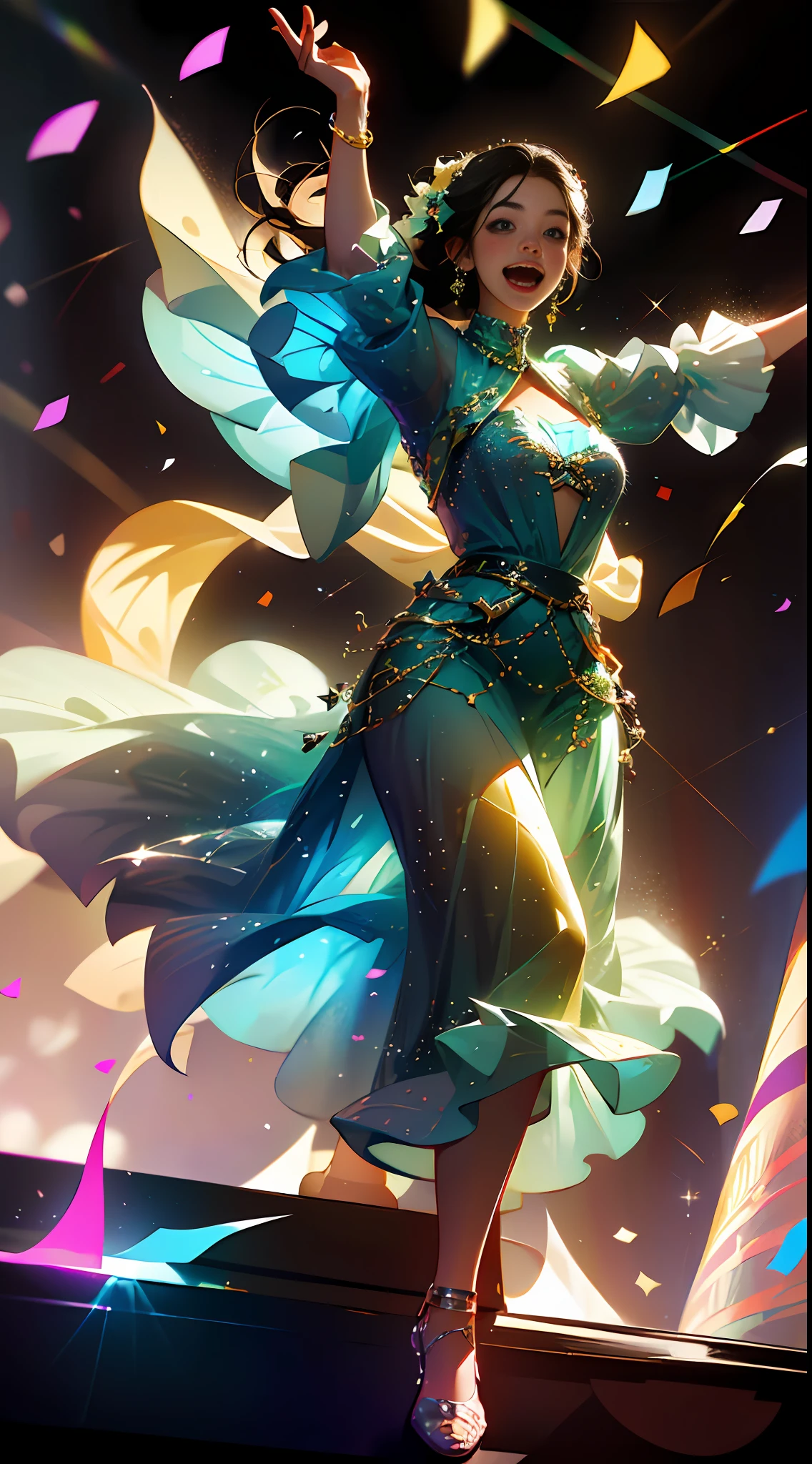 (high quality CG artwork,) best lighting, (a joyful atmosphere), dynamic dance pose, beautiful dancer, sparkling outfit, (colorful stage backdrop:1.2), (confetti+streamers), (vibrant lights+disco ball), (happy facial expression:1.2), (dynamic motion blur:1.1) --auto