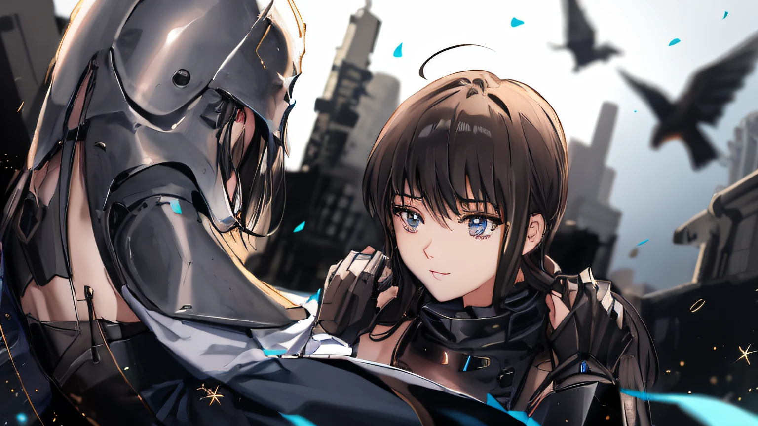 The man in armor placed his hands on the shoulders of a beautiful woman with black hair，