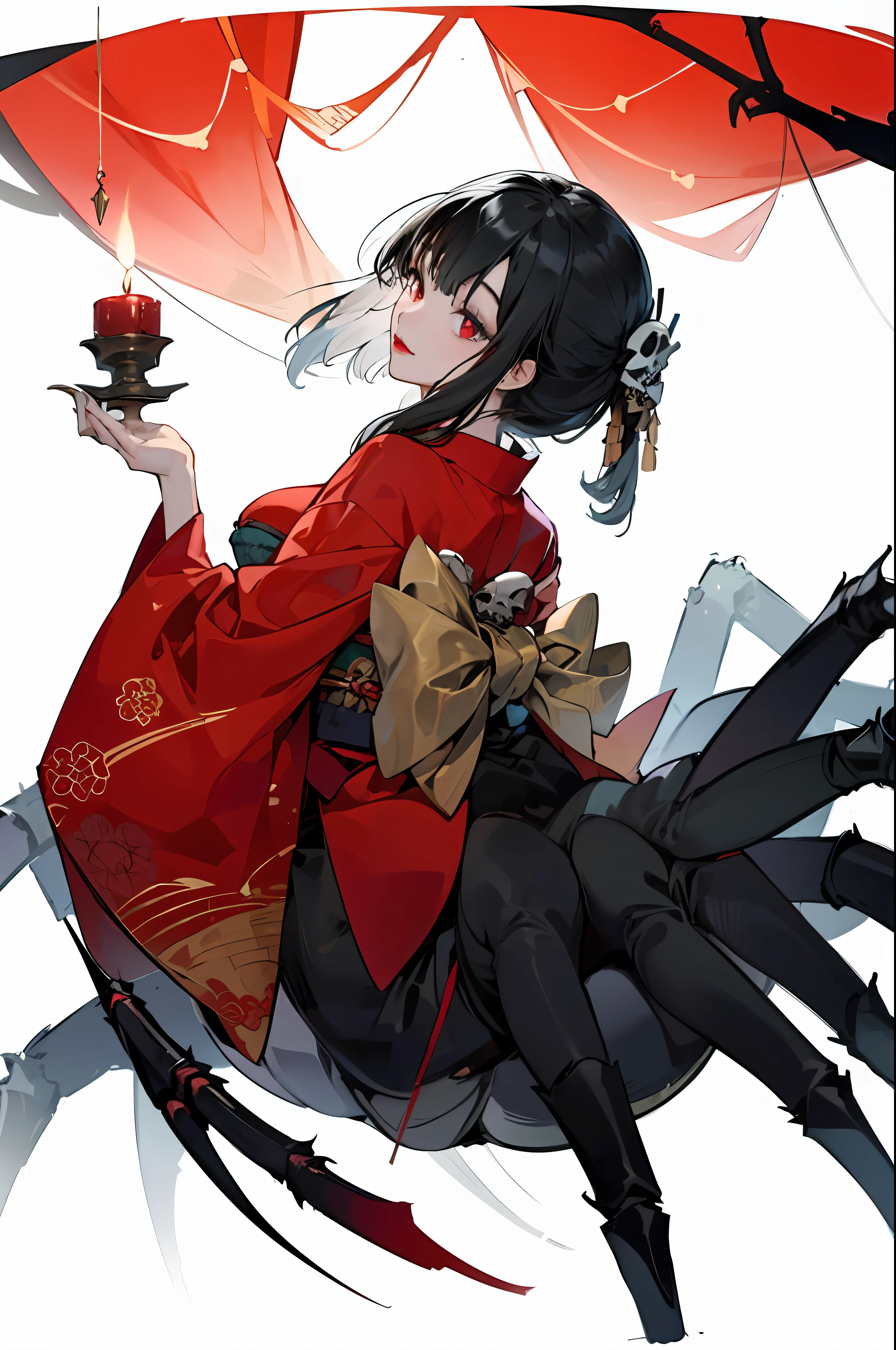 (Arachne: 1.2),
Master-piece, Solo, Bewitching Beauty, Full Body, Kimono Beauty, Black Hair Straight, Bangs, Crimson Lipstick, Sink Eyes, Female Spider, Skull Pattern on Spider's Back, Japan Old Castle in the Background, Ruins, Many Spider Webs, Candlesticks, Golden Rays from the Ceiling, Skull, Spider Webs, High Image Quality, High Definition, Accurate Drawing, Detailed Drawing, --auto --s2