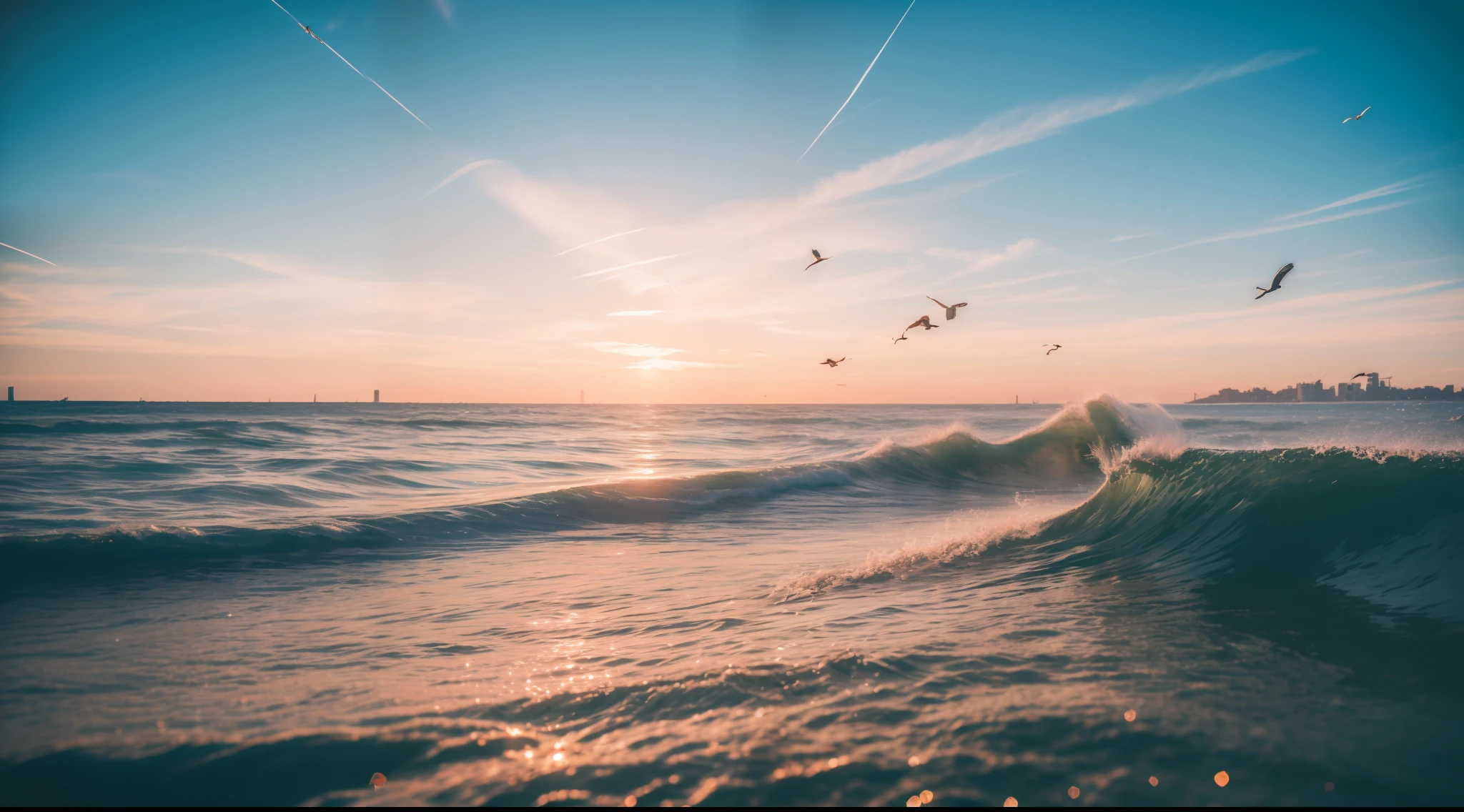 beach, sony a7, film gain, sunset, Cinematic lighting, Photorealistic, one-point perspective, 32K, diffuse reflection, colorful shiny particles, flying colorful birds, colorful fluid, colorful water splash, sharpness, big wave, sunbeam, lens flare, sharp reflection light