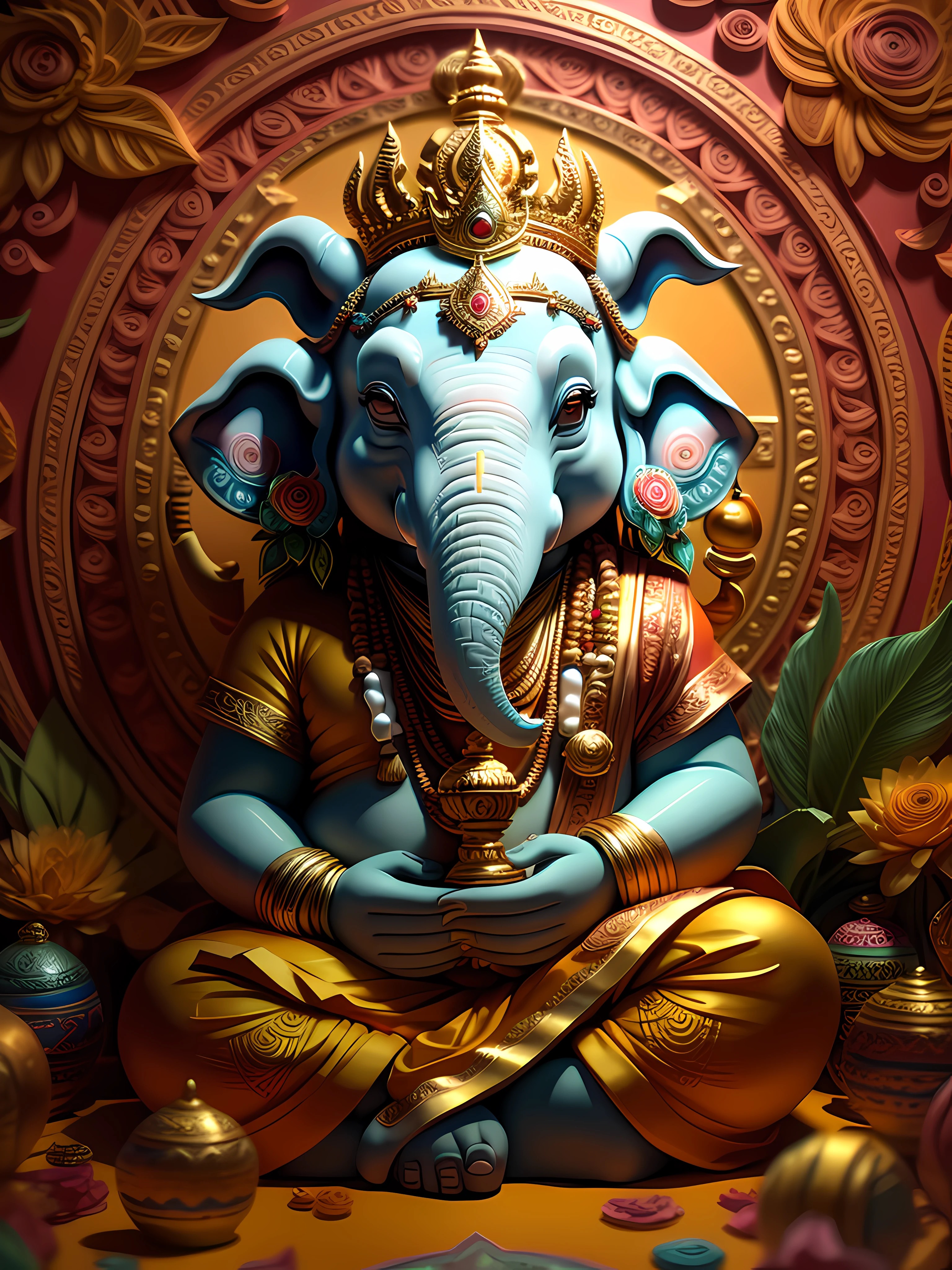 brightly colored lord ganesha with floral decoration in the jungle, detailed digital 3d art, archan nair, colored lord ganesha art, 4k highly detailed digital art, intricate digital painting, beautiful digital artwork, highly detailed digital artwork, highly detailed digital art, high detailed digital art, digital art highly detailed, intricate 3 d illustration, exquisite digital illustration, full of colors and rich detail
