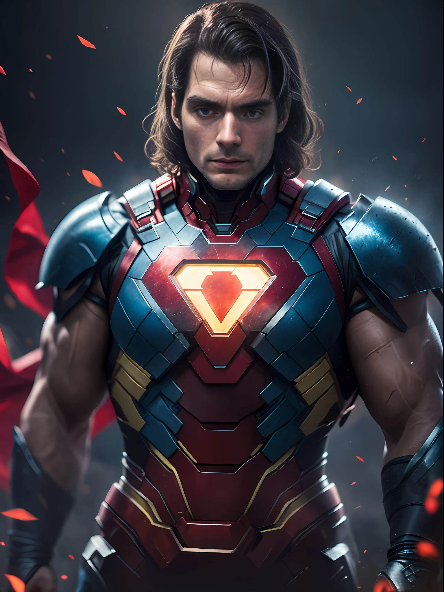 1人，独奏，Henry Cavill as Superman，40s year old，All blue and red detail suits，With bare hands，Big red S symbol on the chest，red capelet，Hair covers the forehead，bob-cut hair，tidy hair，highr，Masculinity，burly build，ery muscular，Wide shoulders，Straight face，A dark-haired，best quailty，A high resolution：1.2， tmasterpiece， photorealistc， deep dark background， Iron Man，Detailed suit，detailed face with，upperbody shots，Crossed arms，runic scene in the background