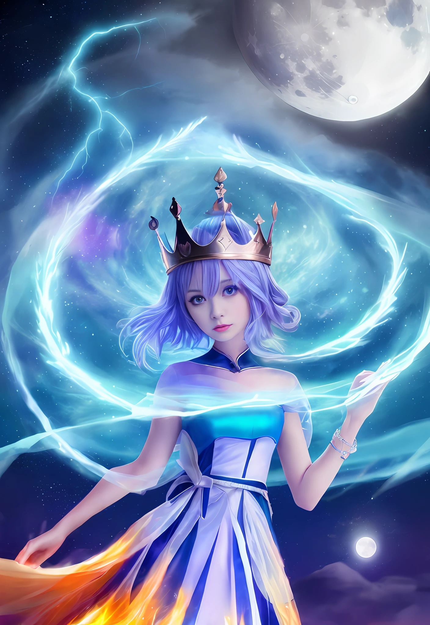 Night, (1 girl)), loneliness, masterpiece, 8k wallpaper, high resolution, absurdity, high quality background, short hair, black hair, multi-colored hair, beautiful frozen village, (full moon), blue dress, detail dress, jewelry dress, (magic: 1.2), blue flame, blue eyes, glowing eyes, fire, ice goddess, (blue delicate beautiful crown), electricity, blue electricity, blue light particles