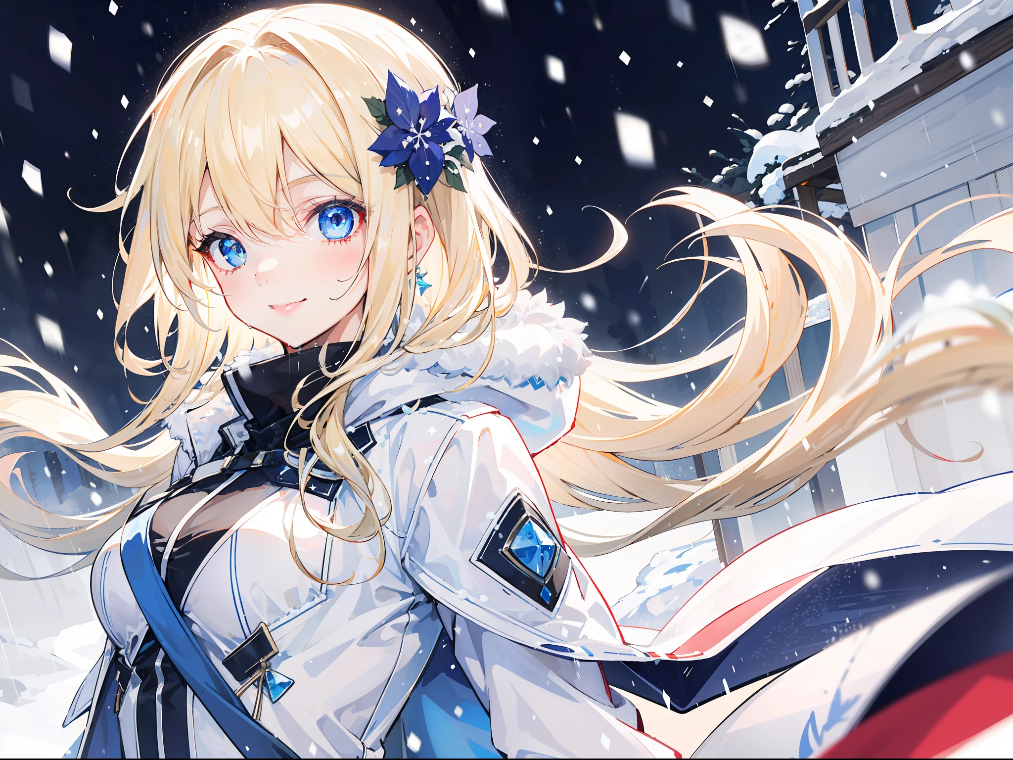 "Epic raining snow atmosphere, stunning 4k artwork featuring a confident girl long flowing vibrant light-blonde hair. Her eyes glowing blue. She sat happily and she is smile with full of cuteness and she was wearing a white snow coat and cute gloves"