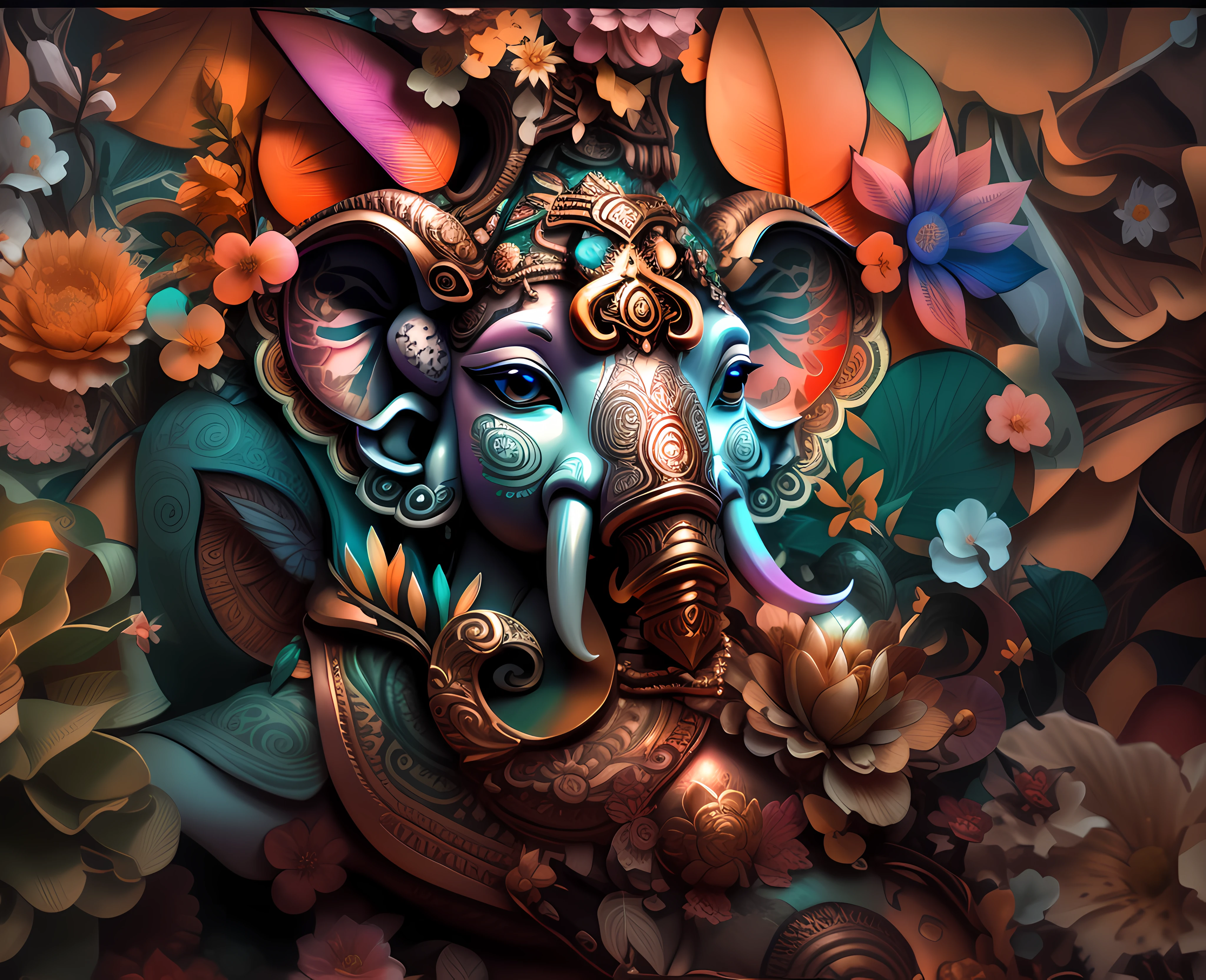 brightly colored lord ganesha with floral decoration in the jungle, detailed digital 3d art, archan nair, colored lord ganesha art, 4k highly detailed digital art, intricate digital painting, beautiful digital artwork, highly detailed digital artwork, highly detailed digital art, high detailed digital art, digital art highly detailed, intricate 3 d illustration, exquisite digital illustration, full of colors and rich detail
