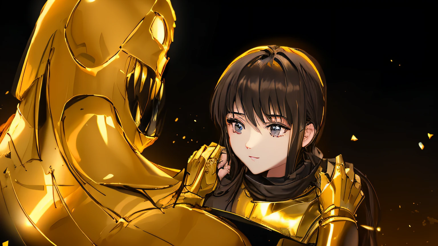 The man in armor placed his hands on the shoulders of a black-haired beauty in golden armor，
