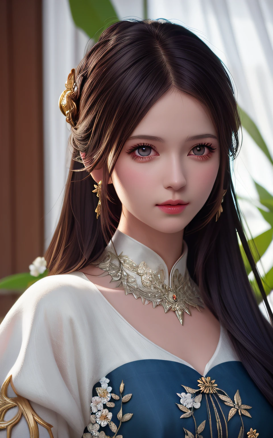 Trends on ArtStation, Trends on CGSociety, Intricate, High Detail, Sharp Focus, Dramatic, Realistic Art of Drawing by Midjourney and Greg Rutkowski, Sketch, Masterpiece, Best Quality, Very Detailed, 1girl, Half, Beautiful Meticulous Eyes, Cute Anime Face, Bust, Beautiful Meticulous Face, White Hair, (Botanical Illustration: 1.5), White Dress