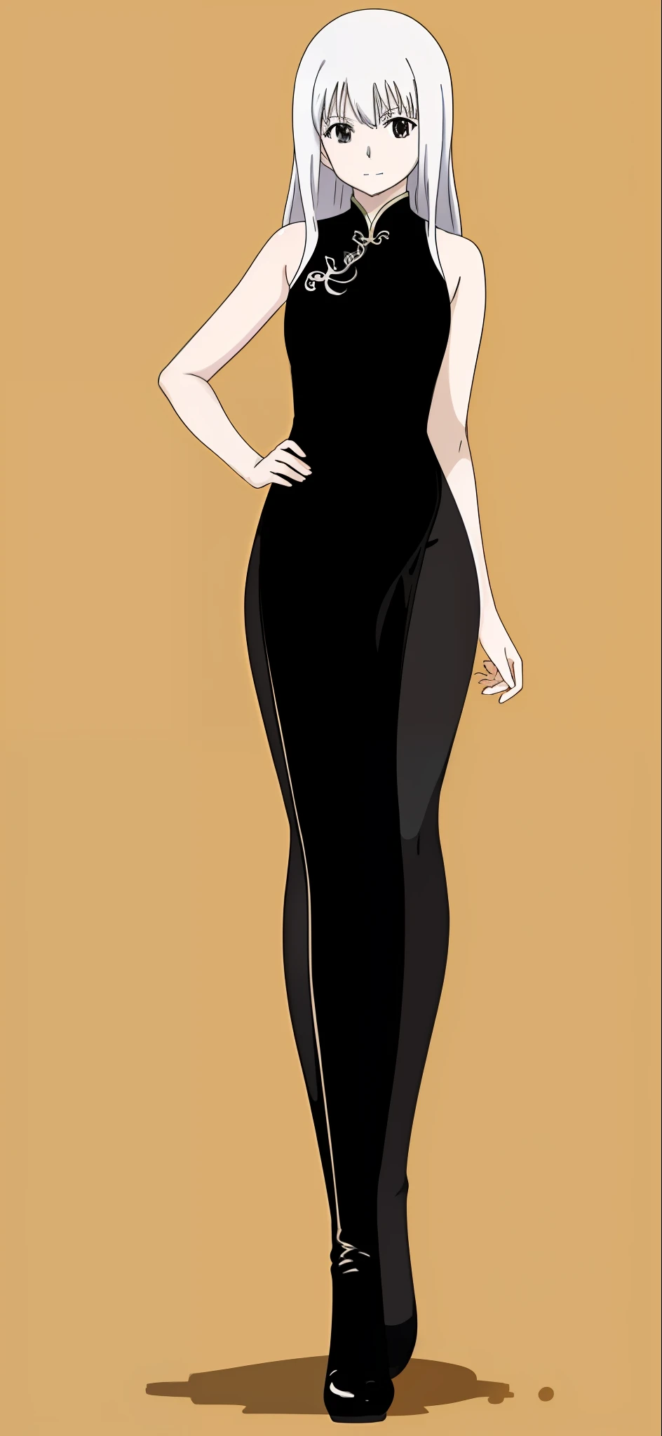 A cartoon image of a woman wearing a cheongsam and a woman, Anime girl in cheongsam, perfectly shaded body, skintight black clothes, realistic shadow perfect body, Full body! Pretty face, Full body portrait of cheongsam!, !!Full body portrait!!, wearing black tight clothing, anime full body illustration, tight attire，prengant