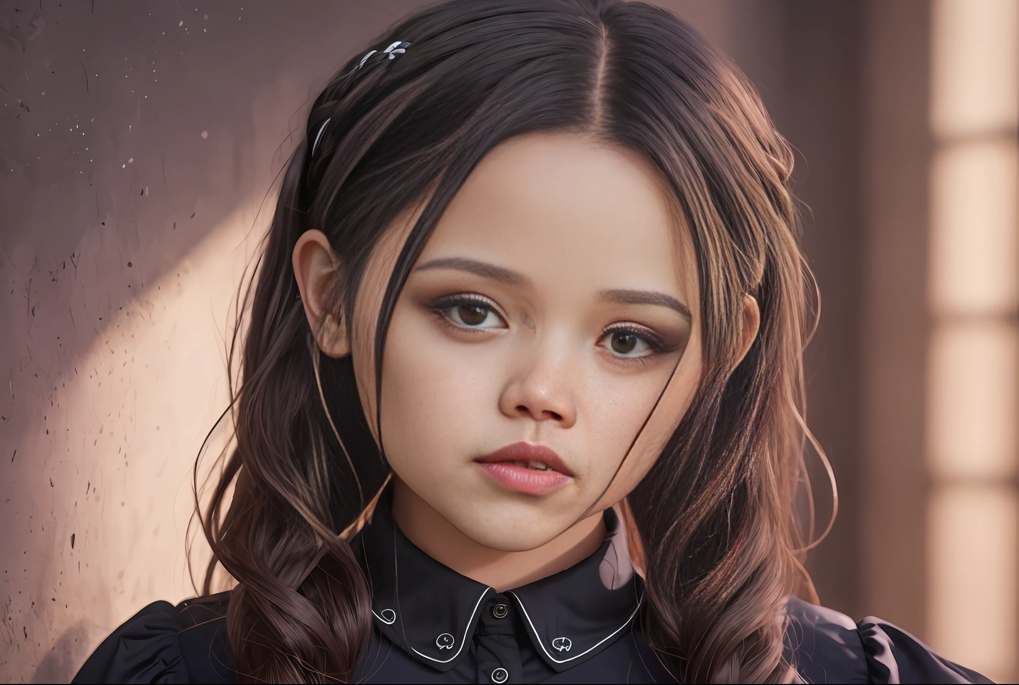 a photo of the beautiful Jenna Ortega as Wednesday Addams, Netflix, pale skin, black hair, sunset, woman with braids and a collar shirt posing for a photo, a character portrait by Andrei Kolkoutine, trend in cg society, international goth, Wednesday Addams, school girl in gothic dress, portrait of cute goth girl, with braided chiquinha maria, 17 - years, goth girl, style of (Steve McCurry), Nikon Z FX device, EF 70mm lens, cinematic lighting, studio context, long exposure style, long shot type, vibrant color scene, photorealistic, intrinsic, beautiful face, ultra-detailed face, perfect body, whole body, flawless, realistic, highly detailed, art station, trend, masterpiece, realistic face, realistic skin, detailed eyes, great art, render ultra realistic n-9, 4K, 8K, 16K, 20K, HDR, UHD, 64K, perfect lighting, studio lighting, photorealistic, hyper realistic, symmetrical face, unreal engine, bokeh, high resolution scanning, professional photography