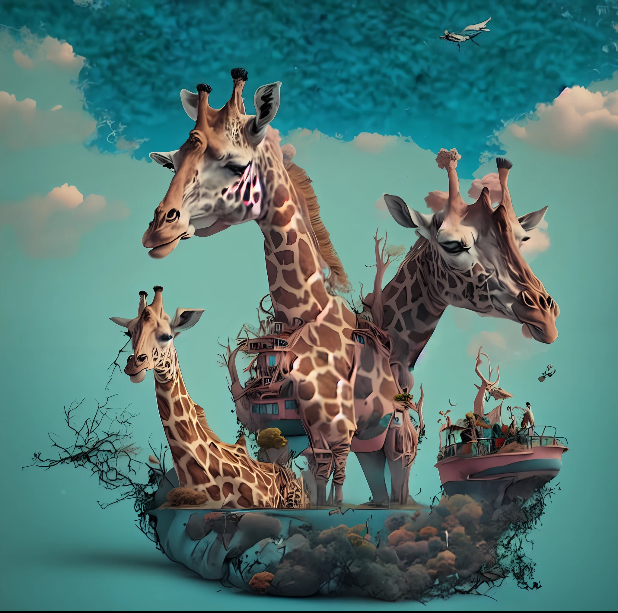 there is a giraffe and a boat floating in the water, Arte digital surrealista, design surreal, estilo surreal, surreal illustration, dreamlike surrealism, surreal 3d render, arte conceitual surreal, arte surreal, Arte Digital surreal, 3 d epic illustrations, Arte conceitual surrealista, Arte surreal e fantasiosa, magically shaped surrealism, Neosurrealismo. Arte Digital, Estilo surrealismo, super detalhado, altamente detalhado intricado, high quality, highes definition, HDR, best quality, melhor qualidade, 8k, obra-prima, ,masterpiece
