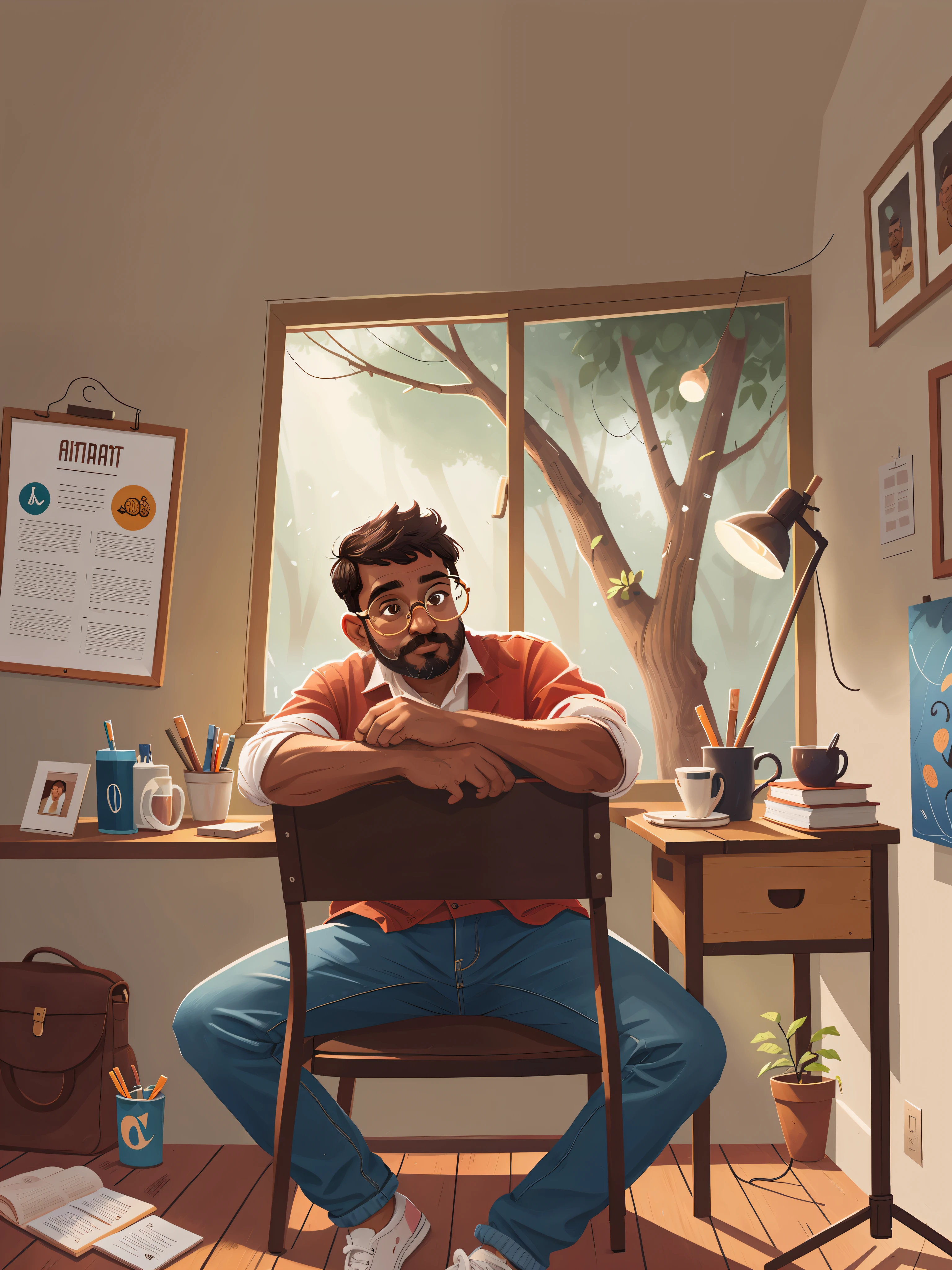 there is a brown man wearing spectacles sitting at a table with a sign on it, studio shot, random artist with backdrop of natural light, digital artist, animation still, an artistic pose