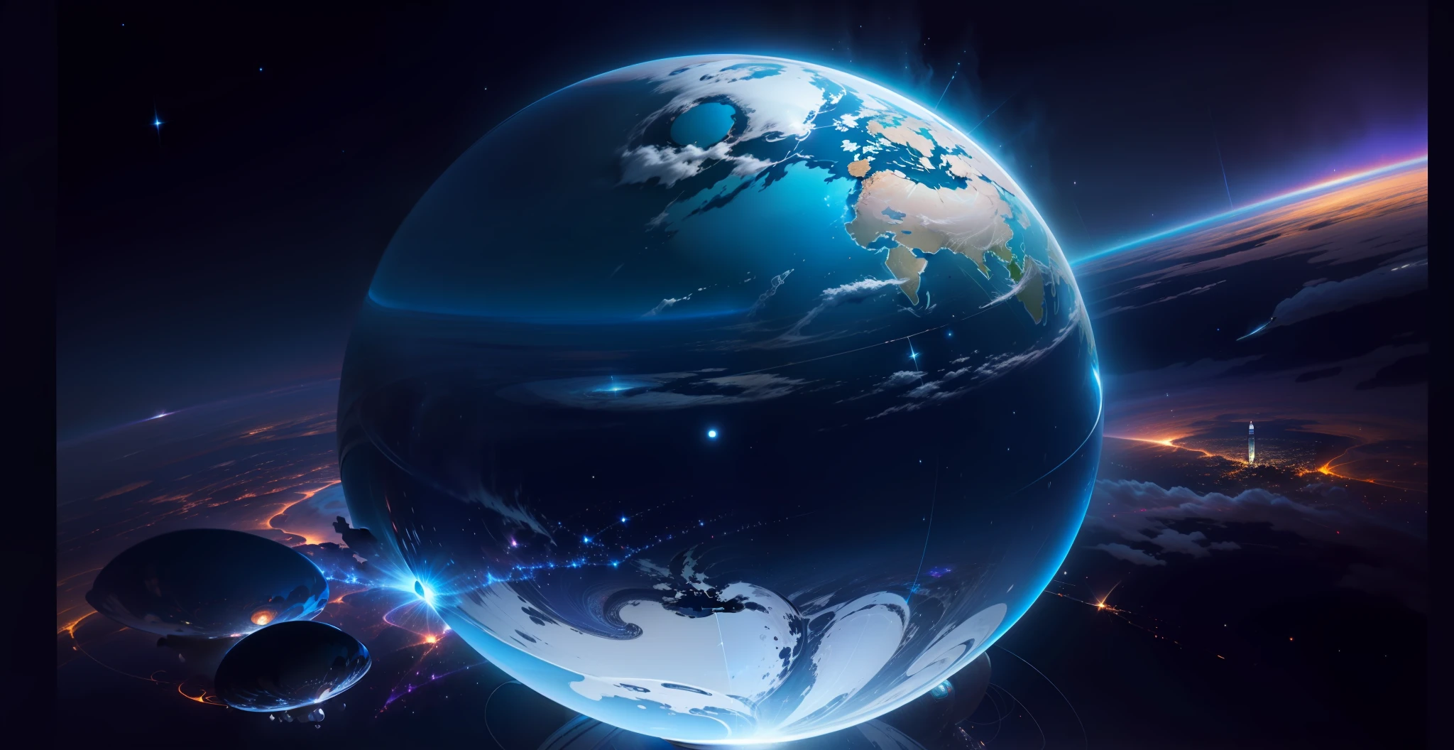 A large pale blue glass sphere floating in the Earth's atmosphere,The glass ball has a bustling city building under the dark night,The sphere floats in the dark space,The lower surface of the sphere contains projections of Earth's continents,There are vertical orbits below the blue sphere that transport the tiny spacecraft up,The sphere is surrounded by clouds,The sphere emits a bright blue light