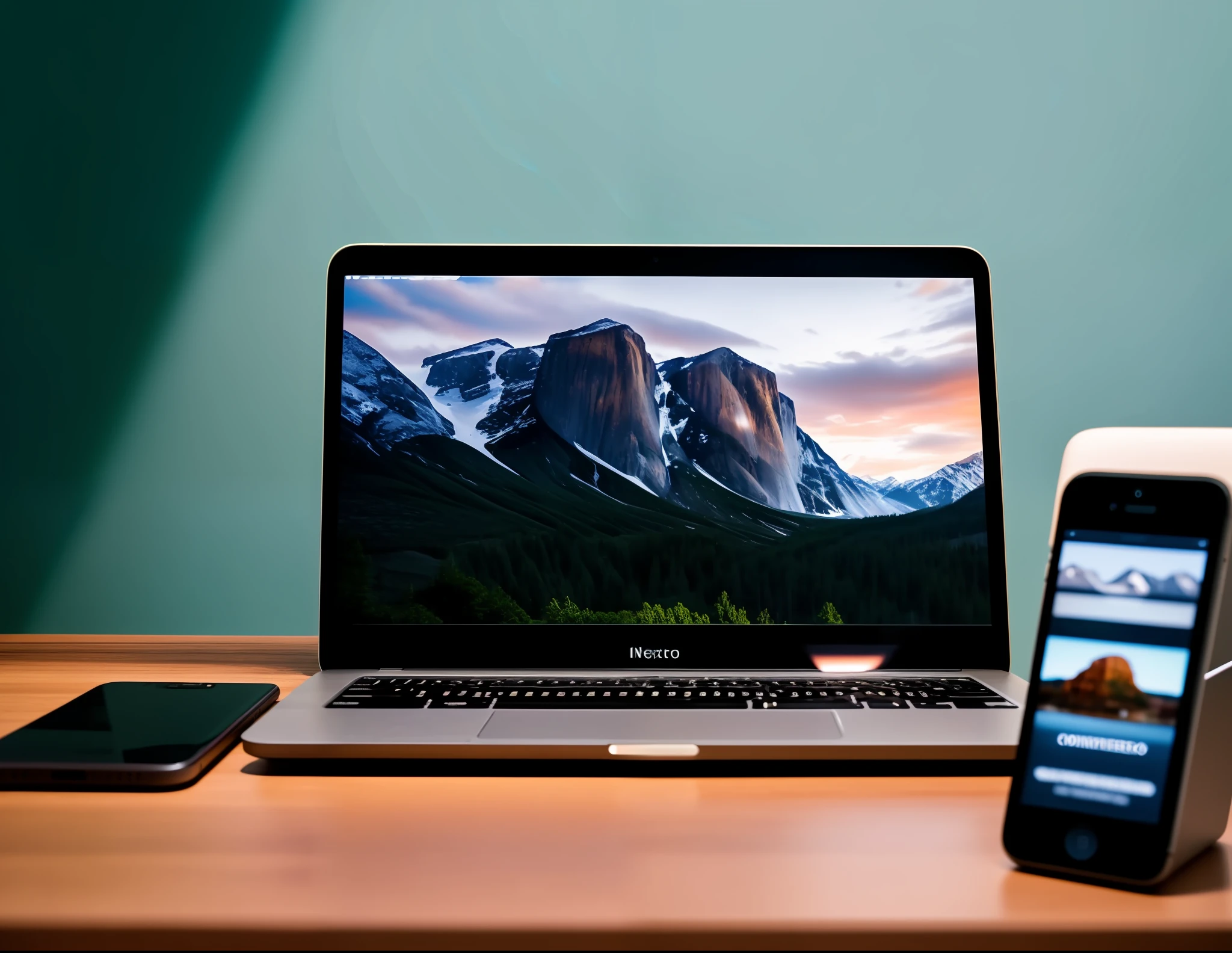 professional photography of a laptop on top of a table, with an iphone standing upright, showing the iphone screen, in a professionally lit environment, on a neotro white background