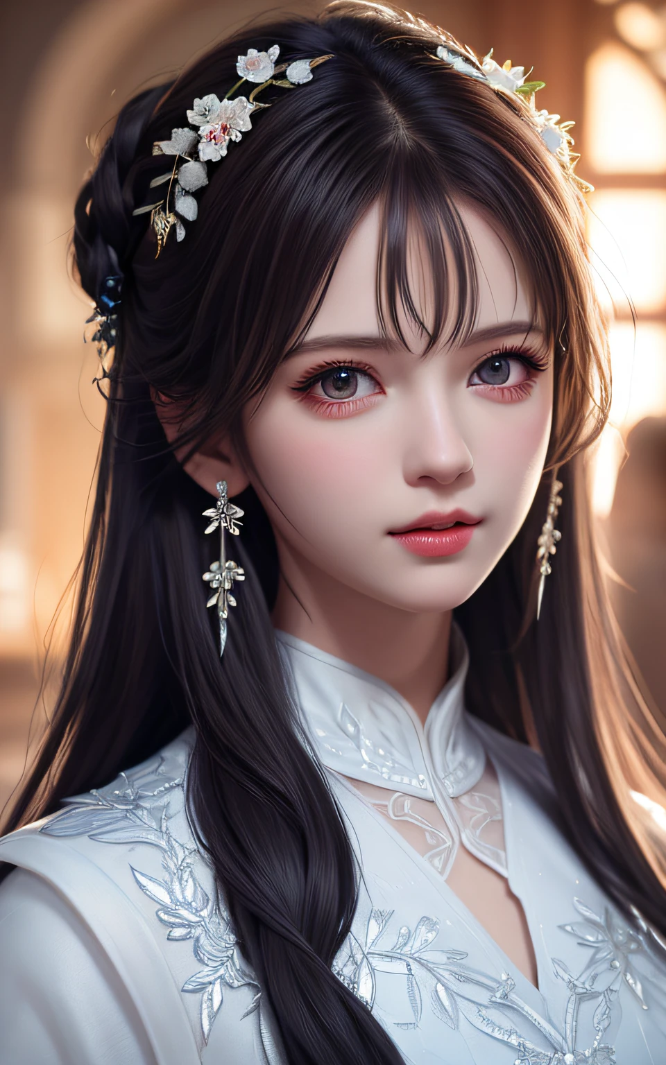 Trends on ArtStation, Trends on CGSociety, Intricate, High Detail, Sharp Focus, Dramatic, Realistic Art of Drawing by Midjourney and Greg Rutkowski, Sketch, Masterpiece, Best Quality, Very Detailed, 1girl, Half, Beautiful Meticulous Eyes, Cute Anime Face, Bust, Beautiful Meticulous Face, White Hair, (Botanical Illustration: 1.5), White Dress