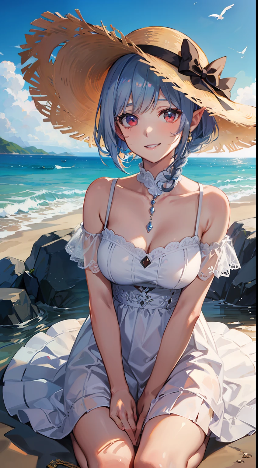 ((Put your hands on your knees)), ((Slouched)), 1 Whole body of a girl, elvish, has silver hair, Red Eyes, bob cuts, Braided hair, Fluttering hair, summer  dress, White Dress, long  skirt, frilld, a straw fedora hat, Laughing, A smile, sea side, concept-art, beautiful anime scene, Beautiful anime scenery, beste-Qualit, ​masterpiece