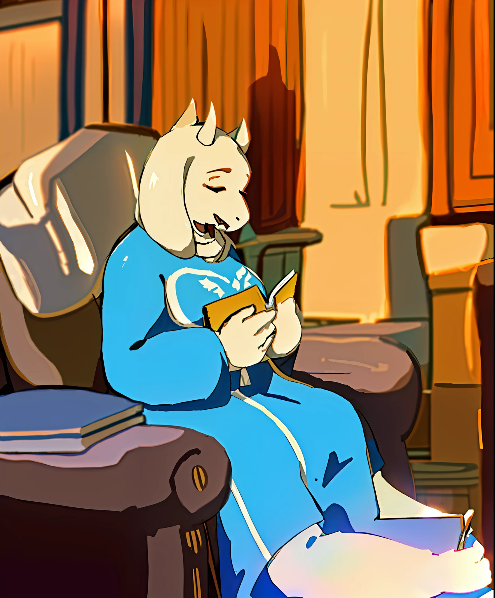 toriel, 1girl, book, chair, closed_eyes, furry, furry_female, goat_ears, goat_girl, holding, holding_book, indoors, open_mouth, reading, sitting, smile, solo 
botw style