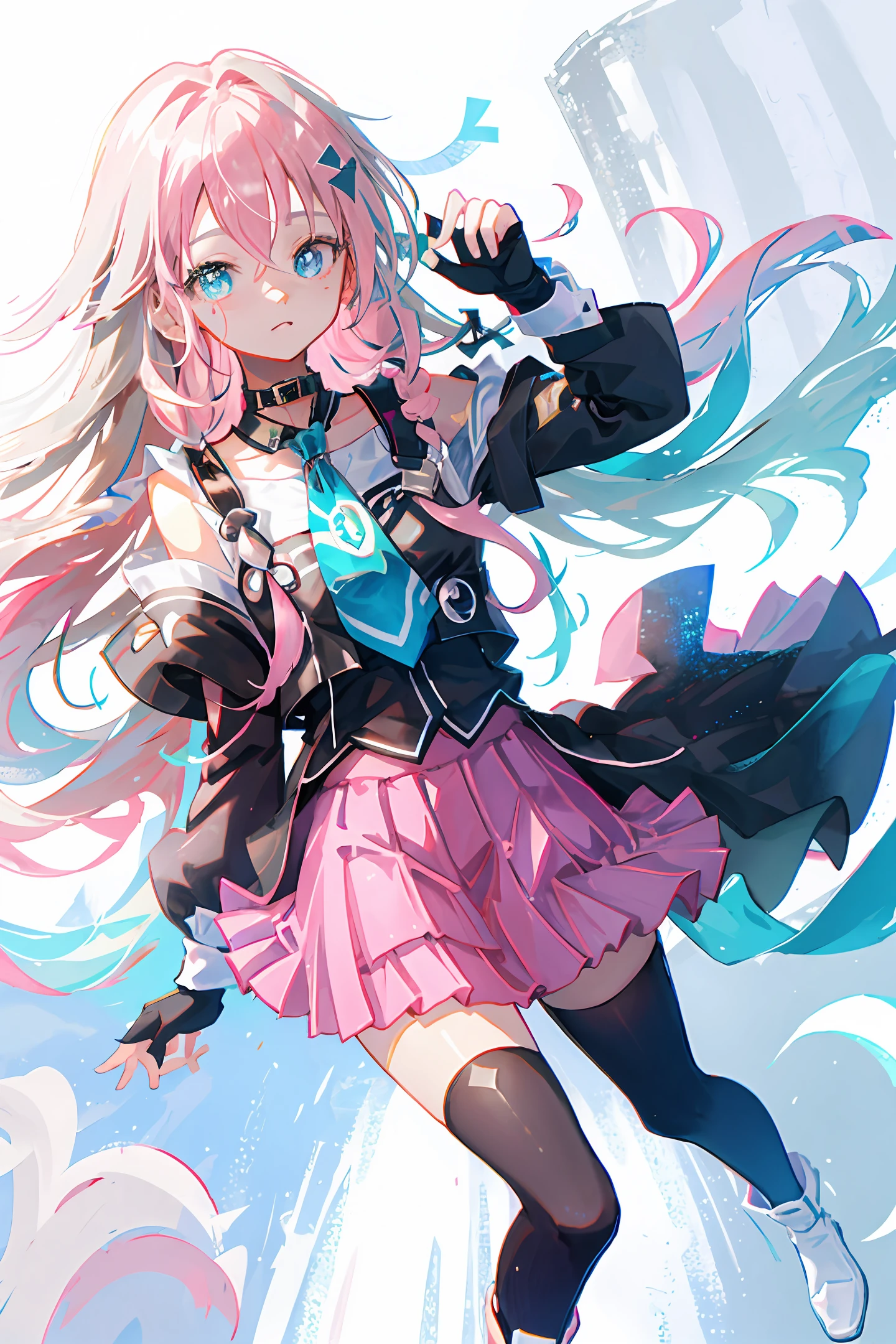 Pink hair、There are dull hairs、Blue pupil of the left eye、Yellow pupil of the right eye、White blouses、cyan necktie、Black fingerless gloves、Black plaid skirt、white legwear、Black plate shoes、teens girl、Lori