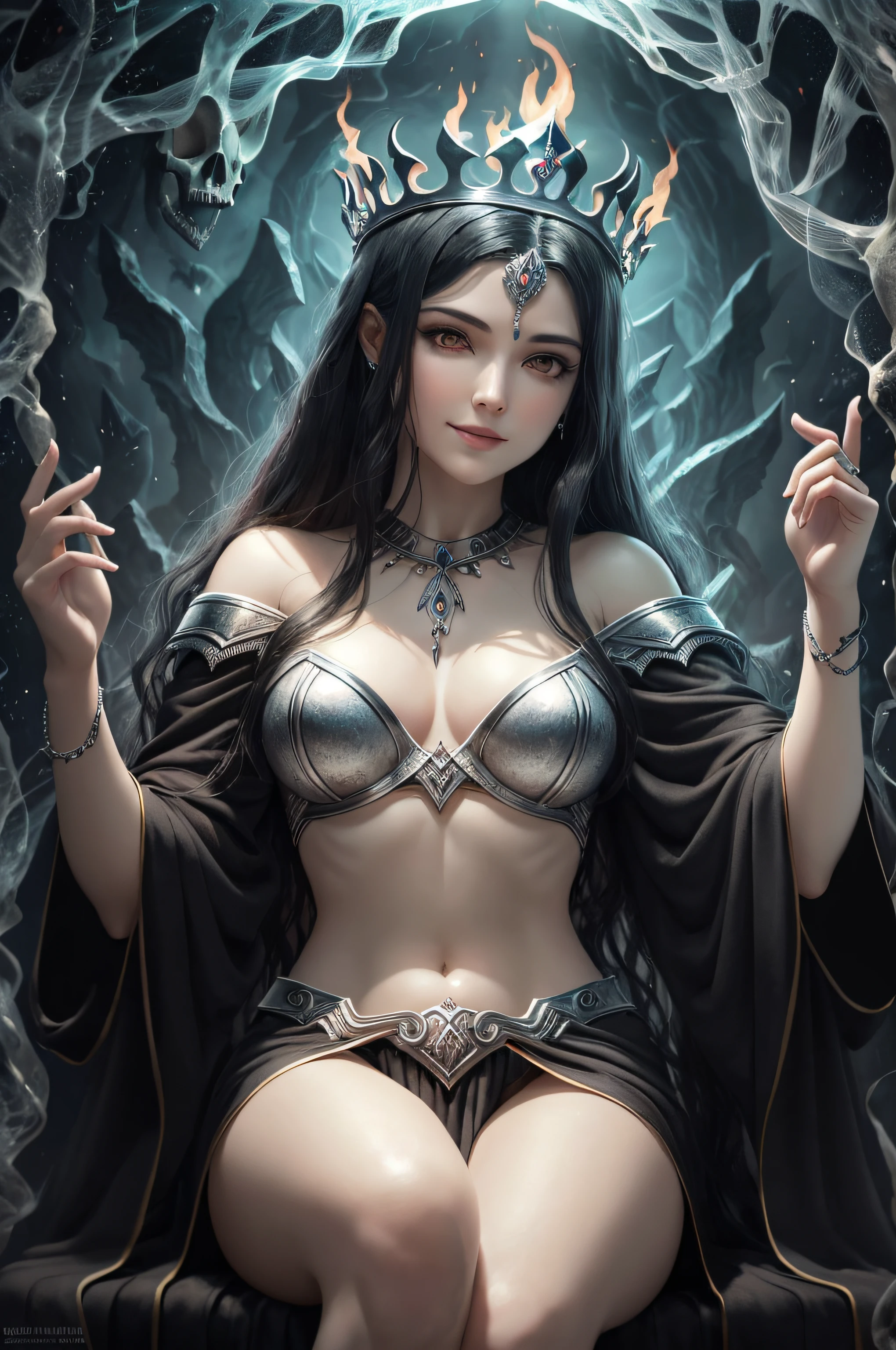 Young greek goddess of death and rebirth, With black hair and black eyes, Is pale skinned, Wears black robe and silver crown, Is young queen of hell, Is sitting on the throne, Is smiling coldly, abyss, underworld, styx, flame of hell, Greek mythology, mysterious atmosphere, super high quality, ultra accurate description of hands, HDR, photorealistic, super detail, masterpiece, 8K