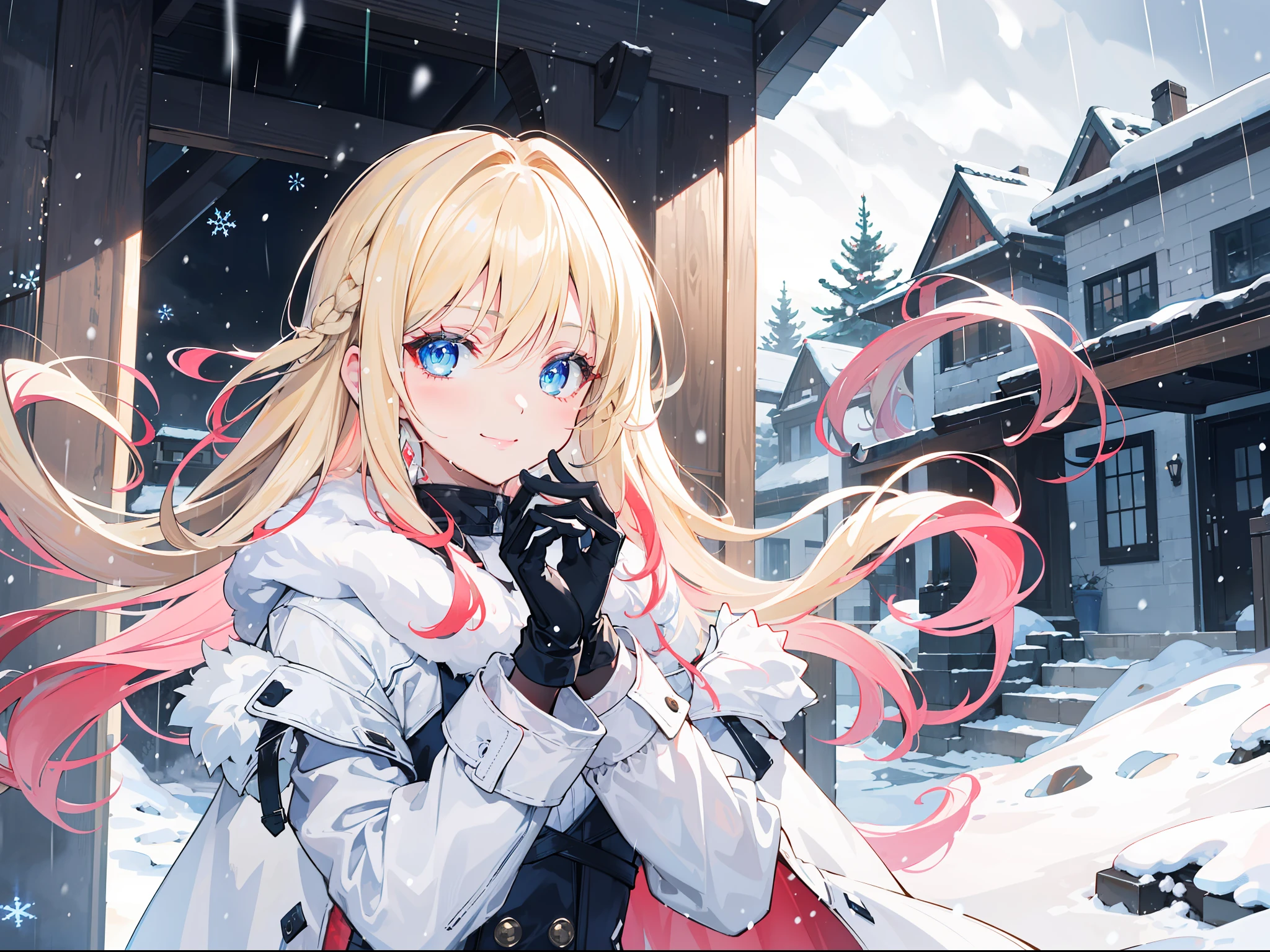 "Epic raining snow atmosphere, stunning 4k artwork featuring a confident girl long flowing vibrant light-blonde hair. Her eyes glowing blue. She sat happily and she is smile with full of cuteness and she was wearing a white snow coat and cute gloves"