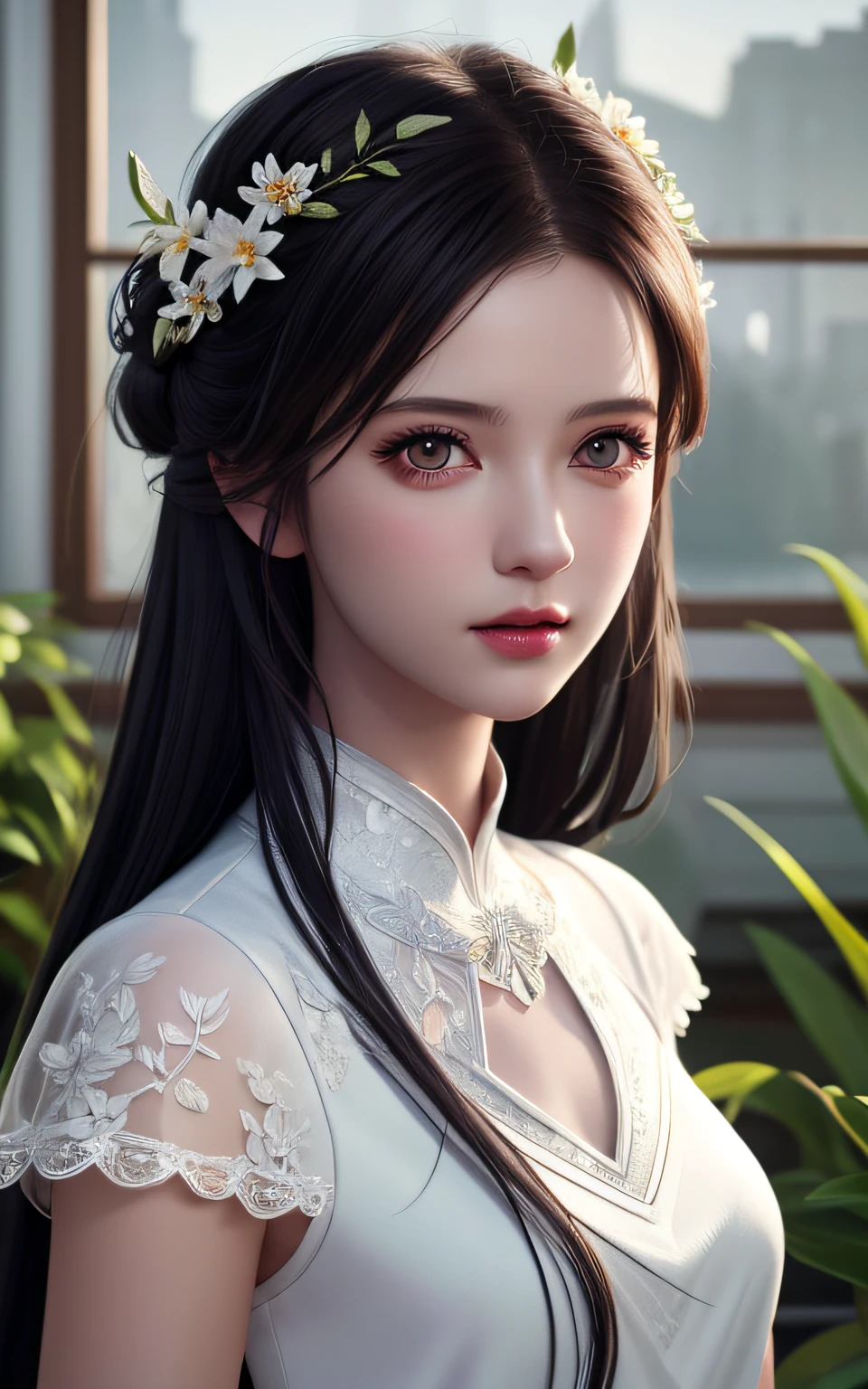 Trends on ArtStation, Trends on CGSociety, Intricate, High Detail, Sharp Focus, Dramatic, Realistic Art of Drawing by Midjourney and Greg Rutkowski, Sketch, Masterpiece, Best Quality, Very Detailed, 1girl, Half, Beautiful Meticulous Eyes, Cute Anime Face, Bust, Beautiful Meticulous Face, White Hair, (Botanical Illustration: 1.5), White Dress