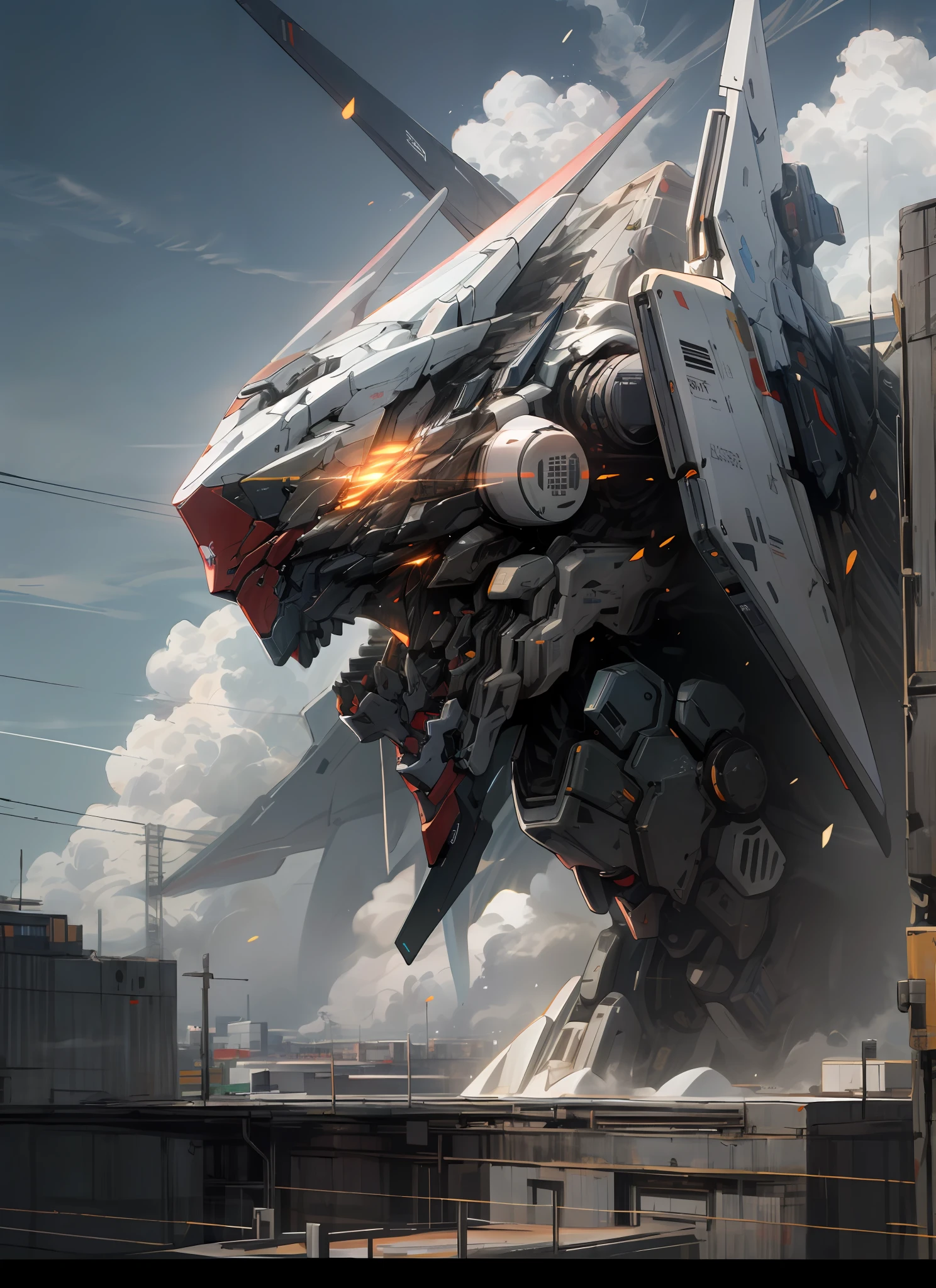 sky, cloud, holding_weapon, no_humans, glowing, , robot, building, glowing_eyes, mecha, science_fiction, city, realistic,mecha