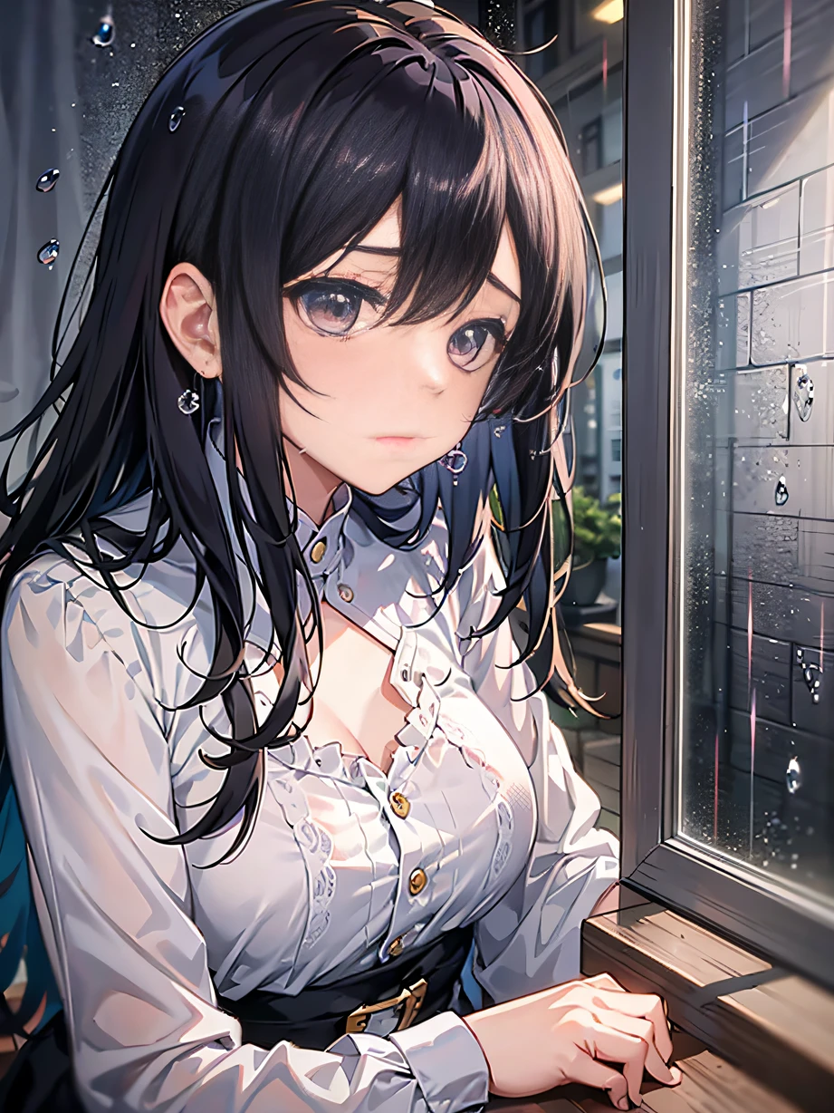 ,巨作, Best quality,8K, The ultra-Highres,中景 the scene is,The heroine sits alone in a dimly lit room,Raindrops outside the window ran down the glass,Falls on her cheek。Her tears mixed with rain,blurred her eyes。There was silence and sadness in the room,It reflects the loneliness and exhaustion of her soul。