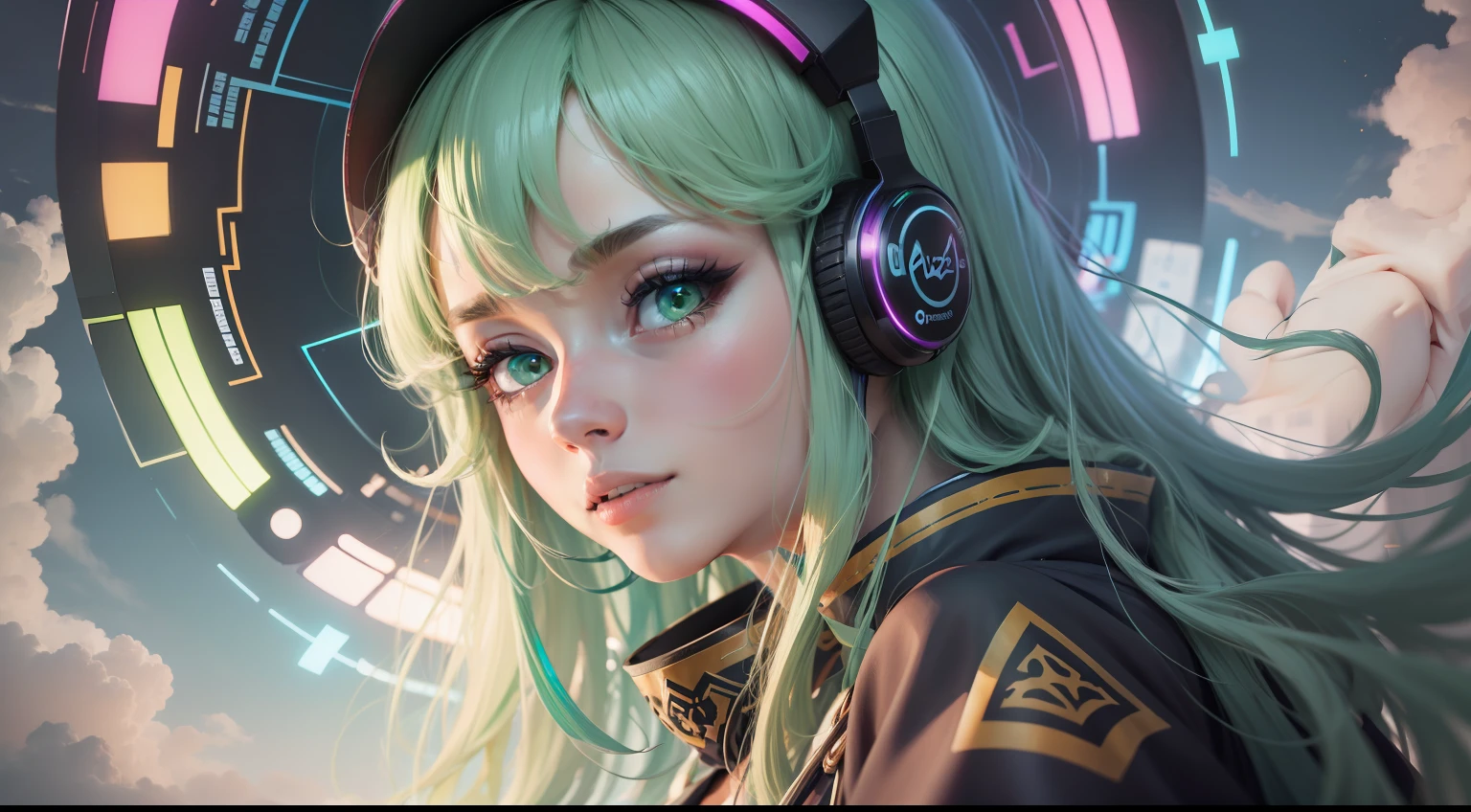 Mulher com fone de ouvido sentido paz, olhos fechados, rosto bonito, cores RGB, cabelo verde anime, Banner for youtube video, feliz, nuvens com cores RGB., cores RGB brilhantes.