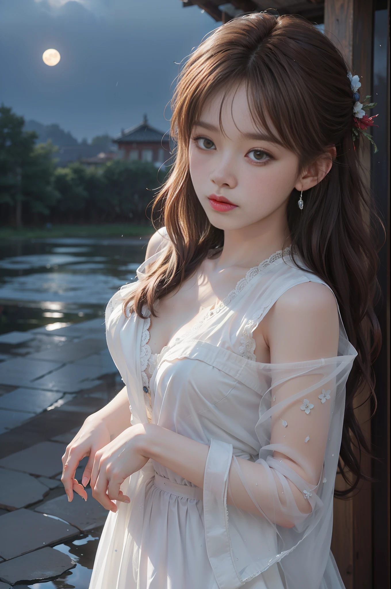 (8k, RAW photo: 1.2), highest quality, ultra high resolution, full body, (fluttering detailed color splash), (illustration), (one girl))), (long hair), (rain: 0.9), (hair ornament: 1.4), there is an ancient palace beside a woman, dress, (focus), color ink wash painting, (color splash), colorful splash, ( Colorful))), (sketch: 0.8), masterpiece, highest quality, beautifully painted, highly detailed, (noise removal: 0.6), [splash ink],((ink refraction),(beautiful detail sky),moon,high,detail,(masterpiece, best quality, highly detailed cg unity 8k wallpaper,masterpiece, best quality, super detail),(Lycoris radiata)