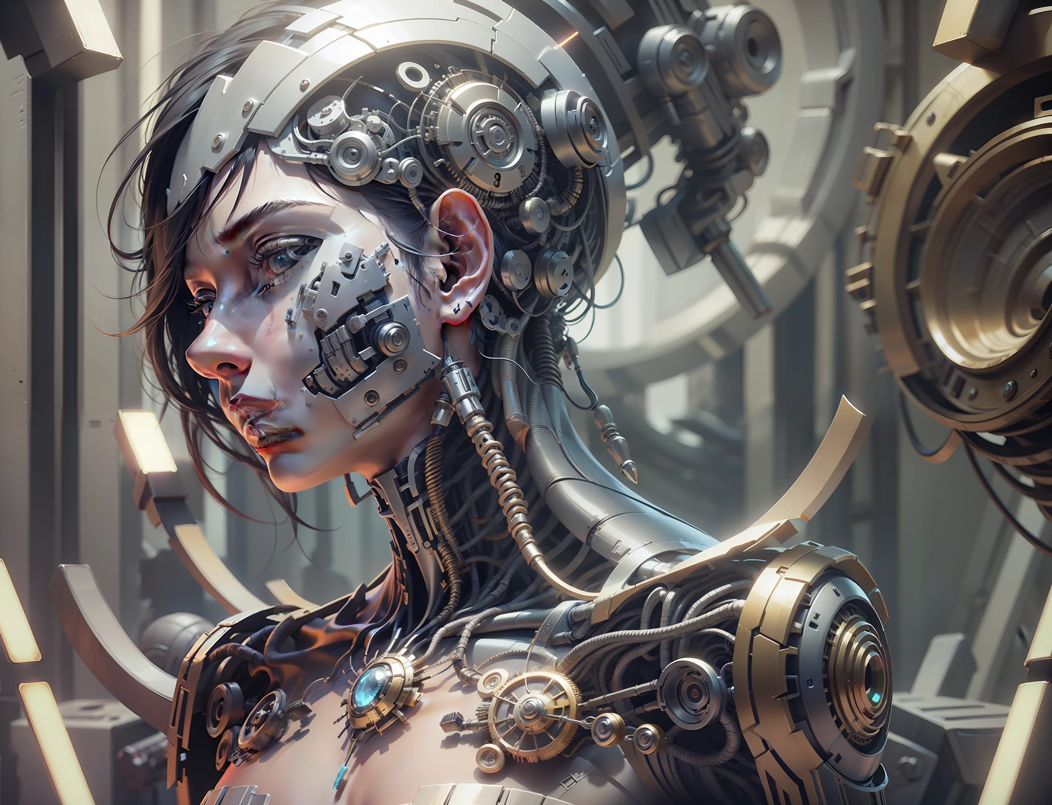 intricate ultra detailed 3d render of a beautiful porcelain woman profile, android face, cyborg, robotic parts, 150mm, beautiful studio soft light, edge lighting, vibrant details, fancy cyberpunk, lace, hyper realistic, anatomical, facial muscles, electric wires, microchip, elegant and beautiful background, octane render, HR Giger style, 8k, best quality, masterpiece, illustration, extremely delicate and beautiful, extremely detailed, CG, unity wallpaper (realistic, photorealistic: 1.37), amazing ,detailed,masterpiece,best quality,official art,extremely detailed CG Unity 8k wallpaper,absurdres,incredibly absurd,robot,silver helmet,full body,sitting