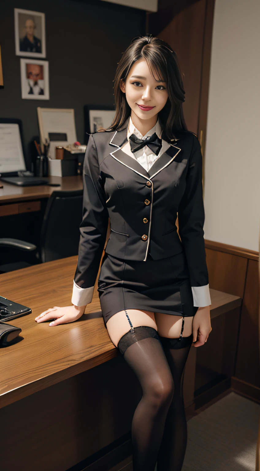 Best Quality, Full Body Portrait, Cinematic Texture Shot, Exquisite Face, Beautiful Face, 20 Year Old Woman, Smiling, Slim Figure, Small Bust, OL Uniform, Office Wear, Black Stockings, Interior Scene, Office, Seated