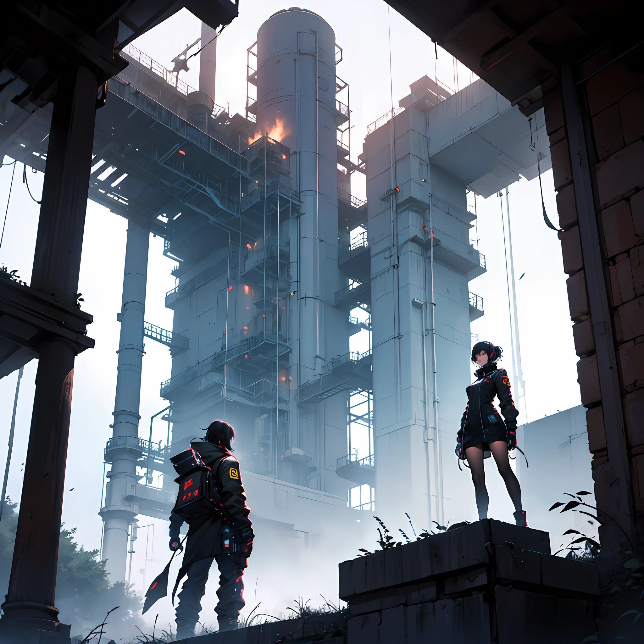 A girl standing under a huge chimney,Black smoke rose from the chimney,cyber punk style --auto