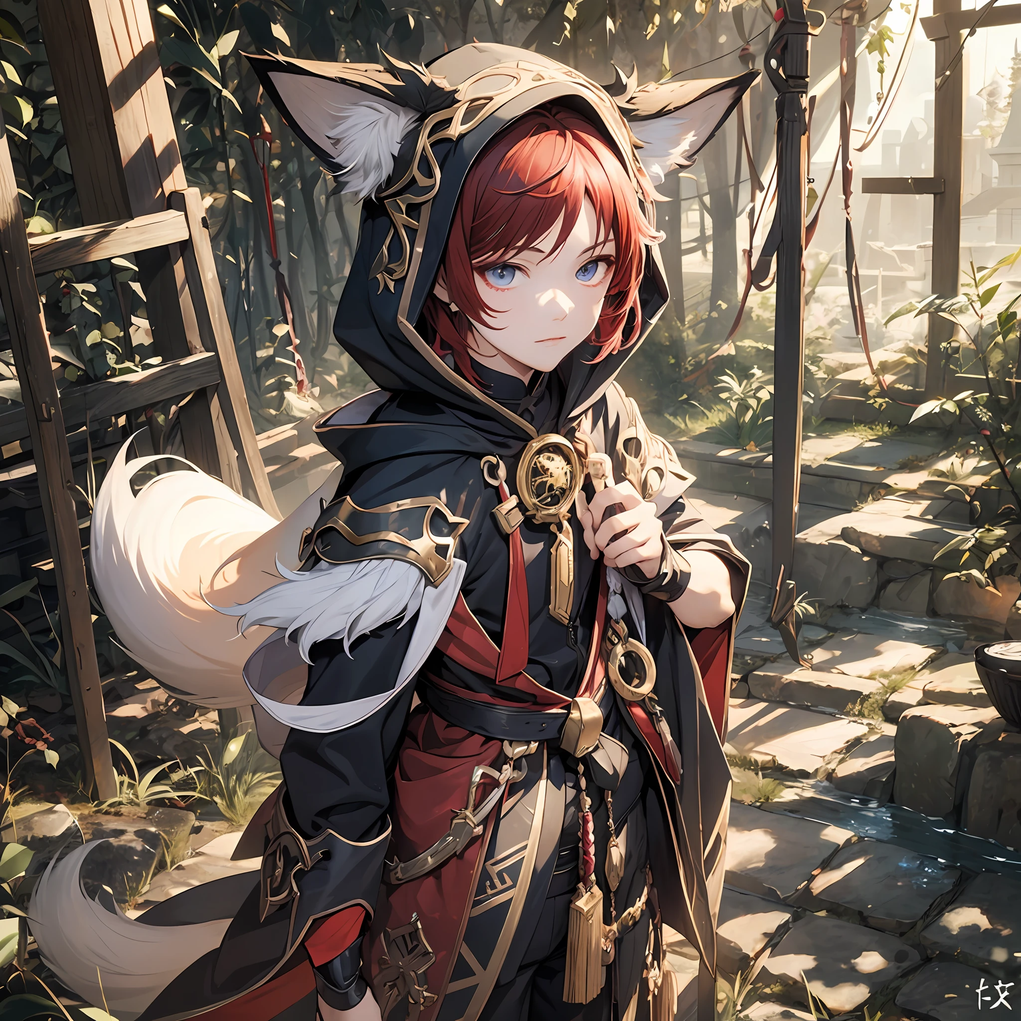 masterpiece, best quality, 1boy, child, male focus, solo, red hair, short hair, looking at viewer, closed mouth, Fantasy aesthetics, Highly detailed, shadowverse style, full body, white attire, fox ear, fox tail, hooded with animal ear