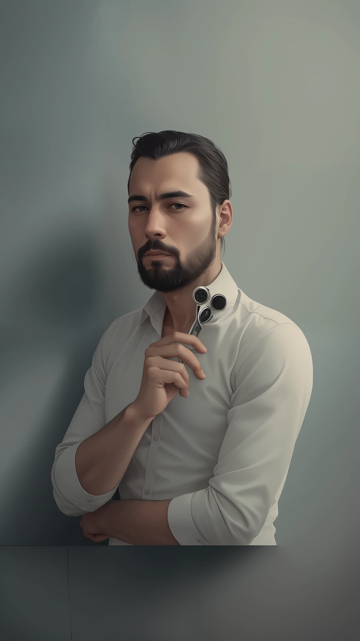 don't change the face, (be true to appearance), keep features of the face, manter postura, vestindo camisa preta de manga comprida , (terno extravagante: 1.1), Pintura digital, detalhada, torre Londres, F/2.8, (ultra-detalhado 8k), radiosidade, alto detalhe, reflection,