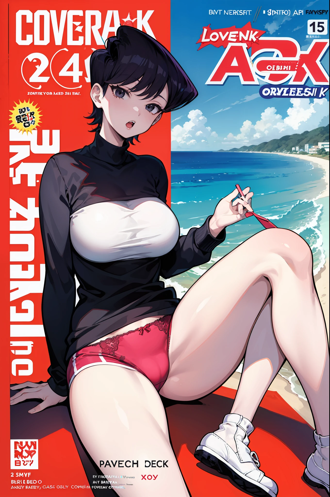 Komi Shuuko,a milf，Fleshy thighs，Comic cover style，Comic title，lovly，Ocean park，Cool underwear