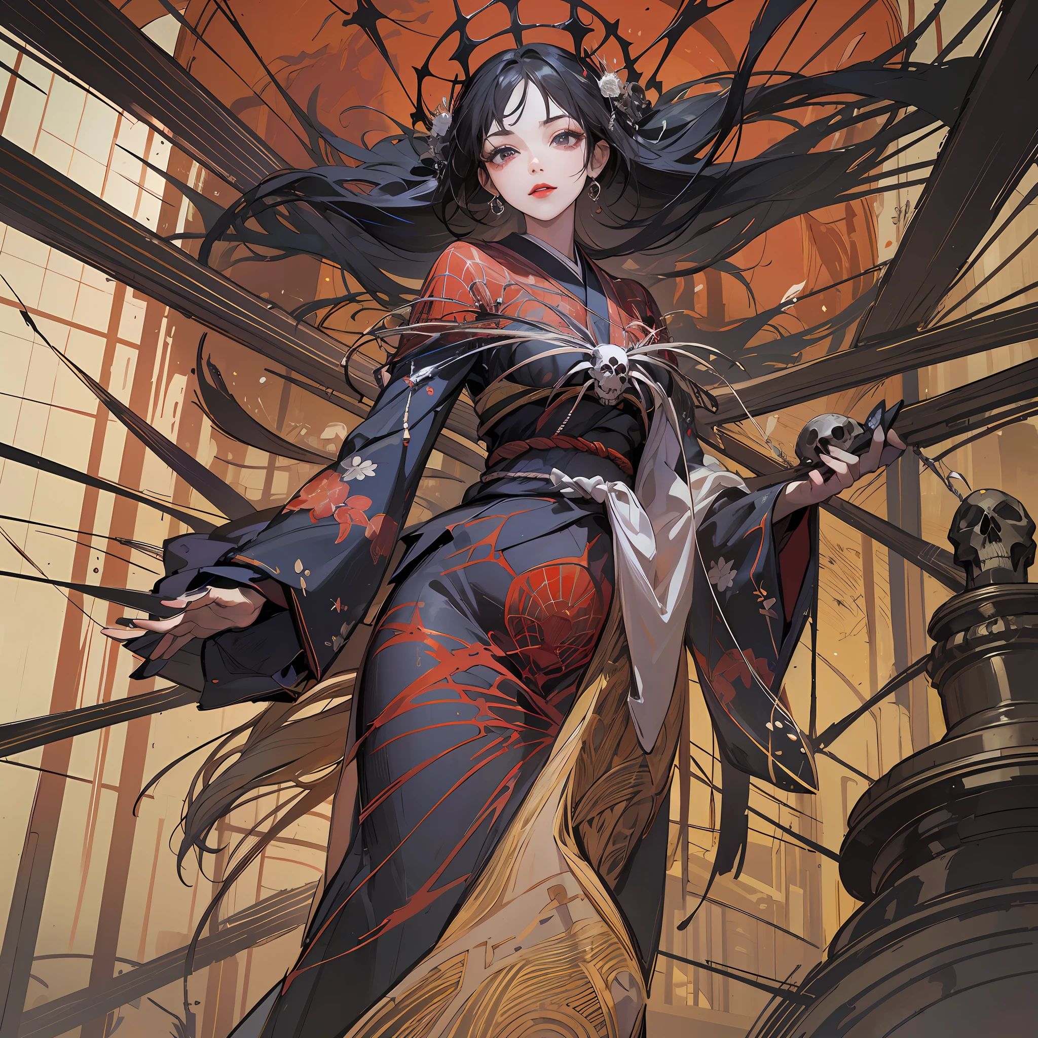 (Arachne: 1.2),
Master-piece, Solo, Bewitching Beauty, Full Body, Kimono Beauty, Black Hair Straight, Bangs, Crimson Lipstick, Sink Eyes, Female Spider, Skull Pattern on Spider's Back, Japan Old Castle in the Background, Ruins, Many Spider Webs, Candlesticks, Golden Rays from the Ceiling, Skull, Spider Webs, High Image Quality, High Definition, Accurate Drawing, Detailed Drawing,