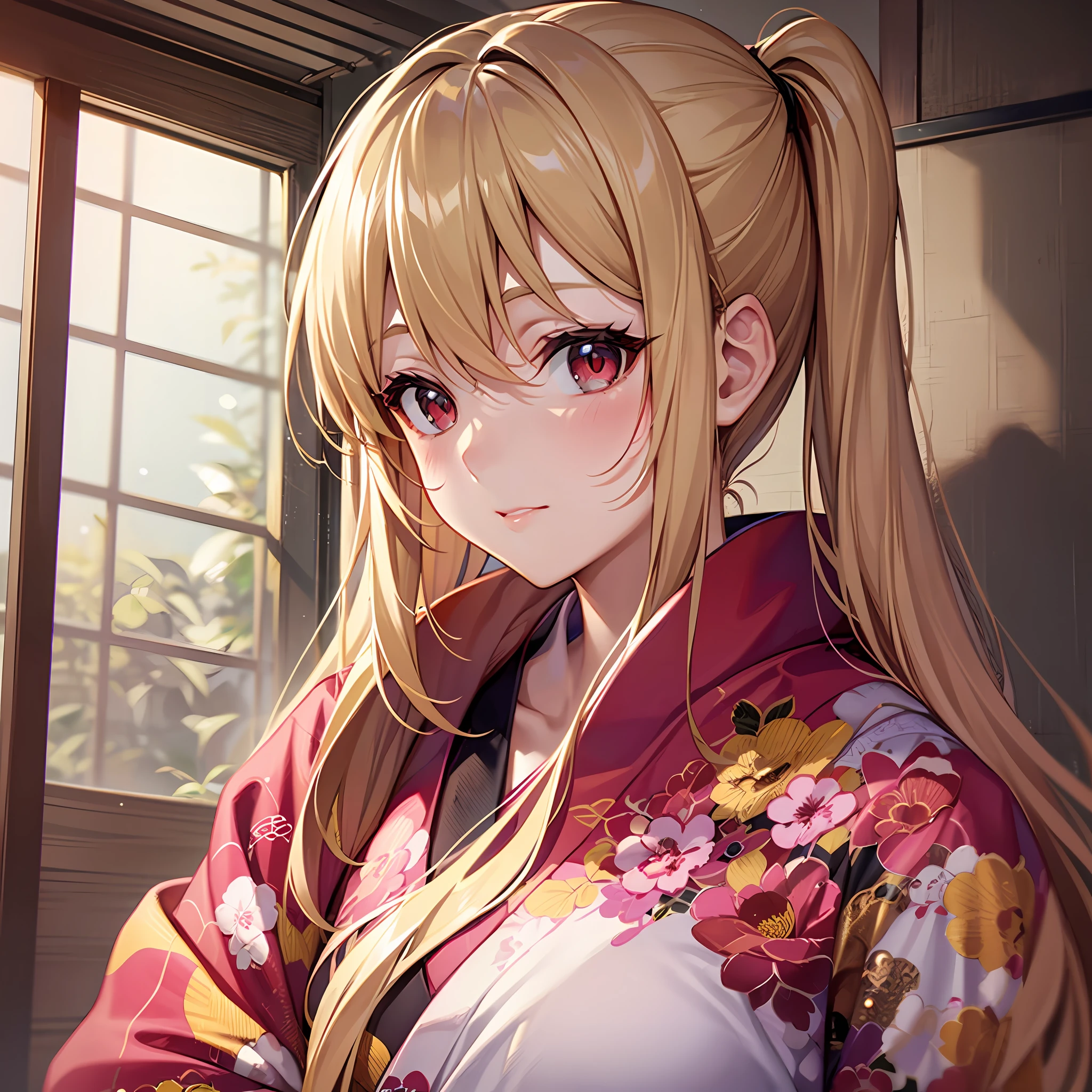 One blonde girl、red eyes、poneyTail、Pink kimono